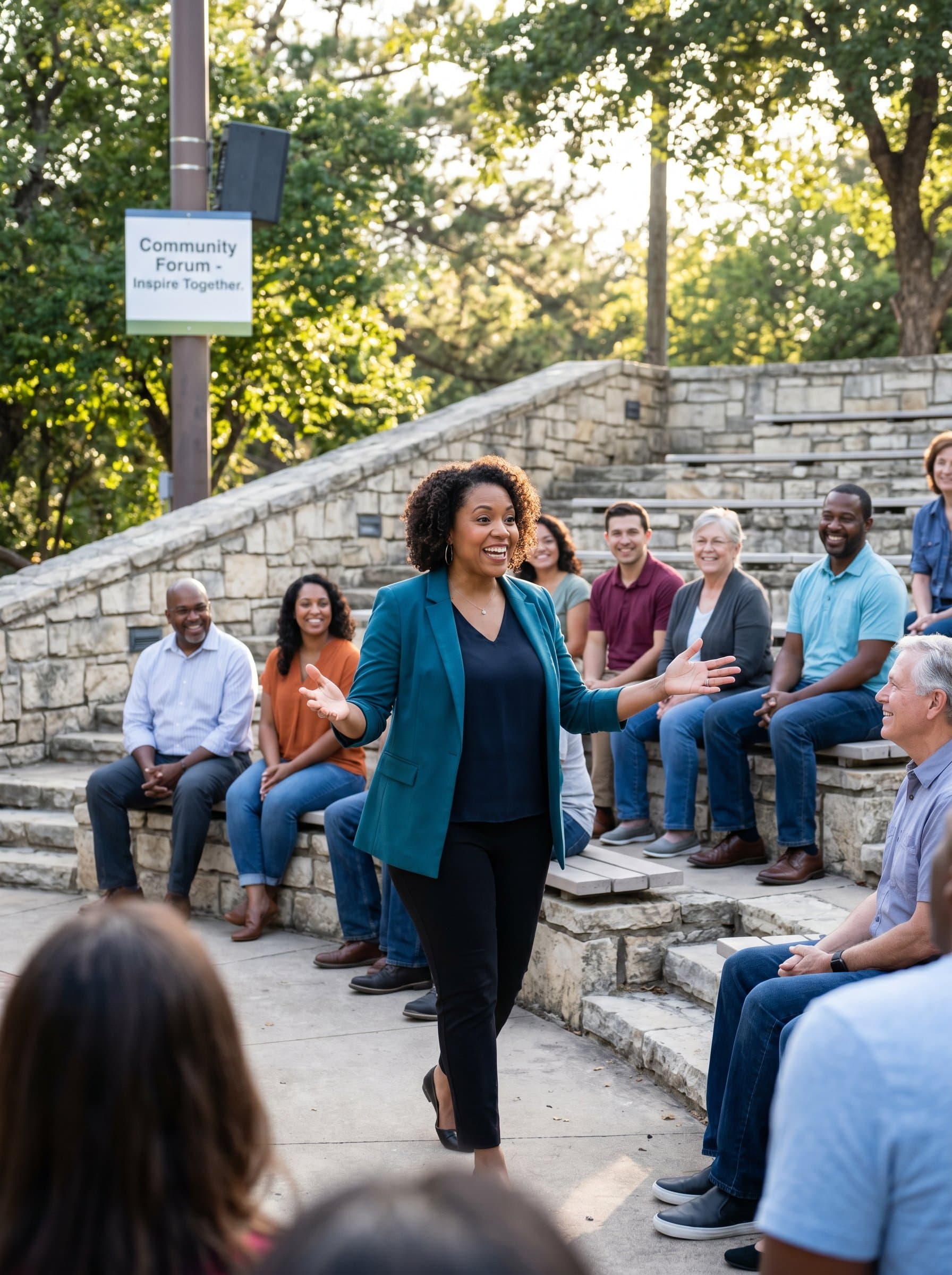 Produce a of a motivational speaker in a casual outdoor amphitheater, engaging with a diverse audience, with adaptive body language suited for an open, inclusive environment.
