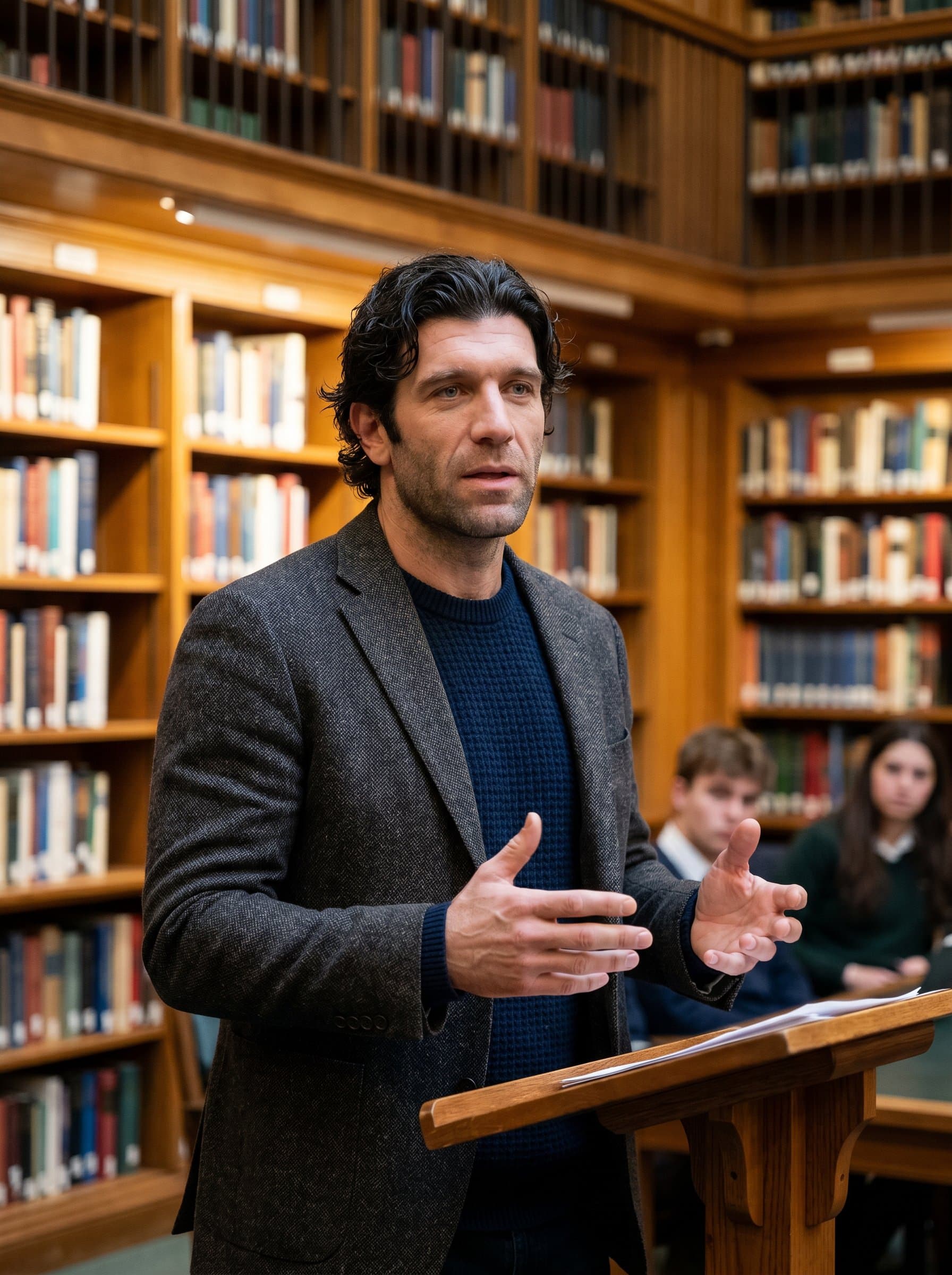 Generate a of a speaker in a library setting, surrounded by bookshelves, wearing a sweater and blazer, projecting wisdom and thoughtfulness to an unseen audience.