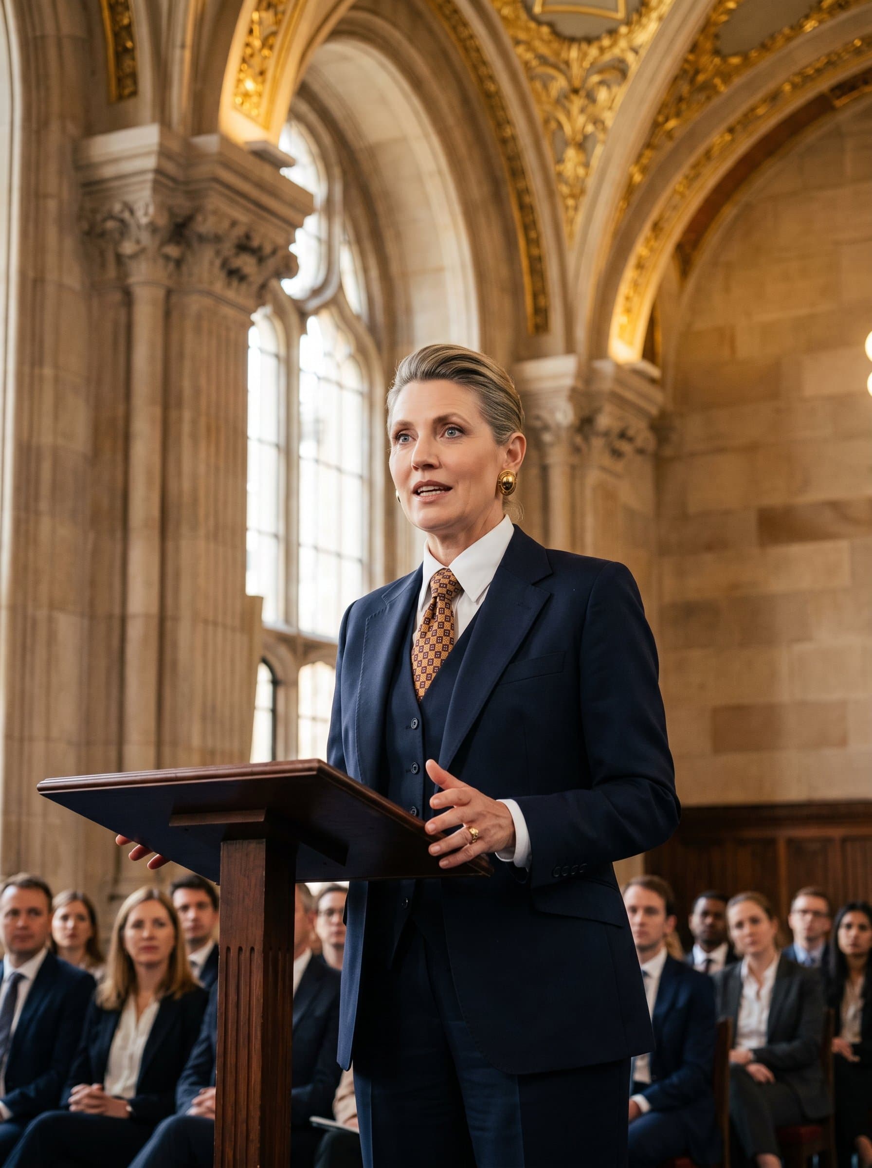 Design a featuring a speaker in a historical building, with ornate architecture visible, dressed in a classic suit, providing a sense of tradition and authority.