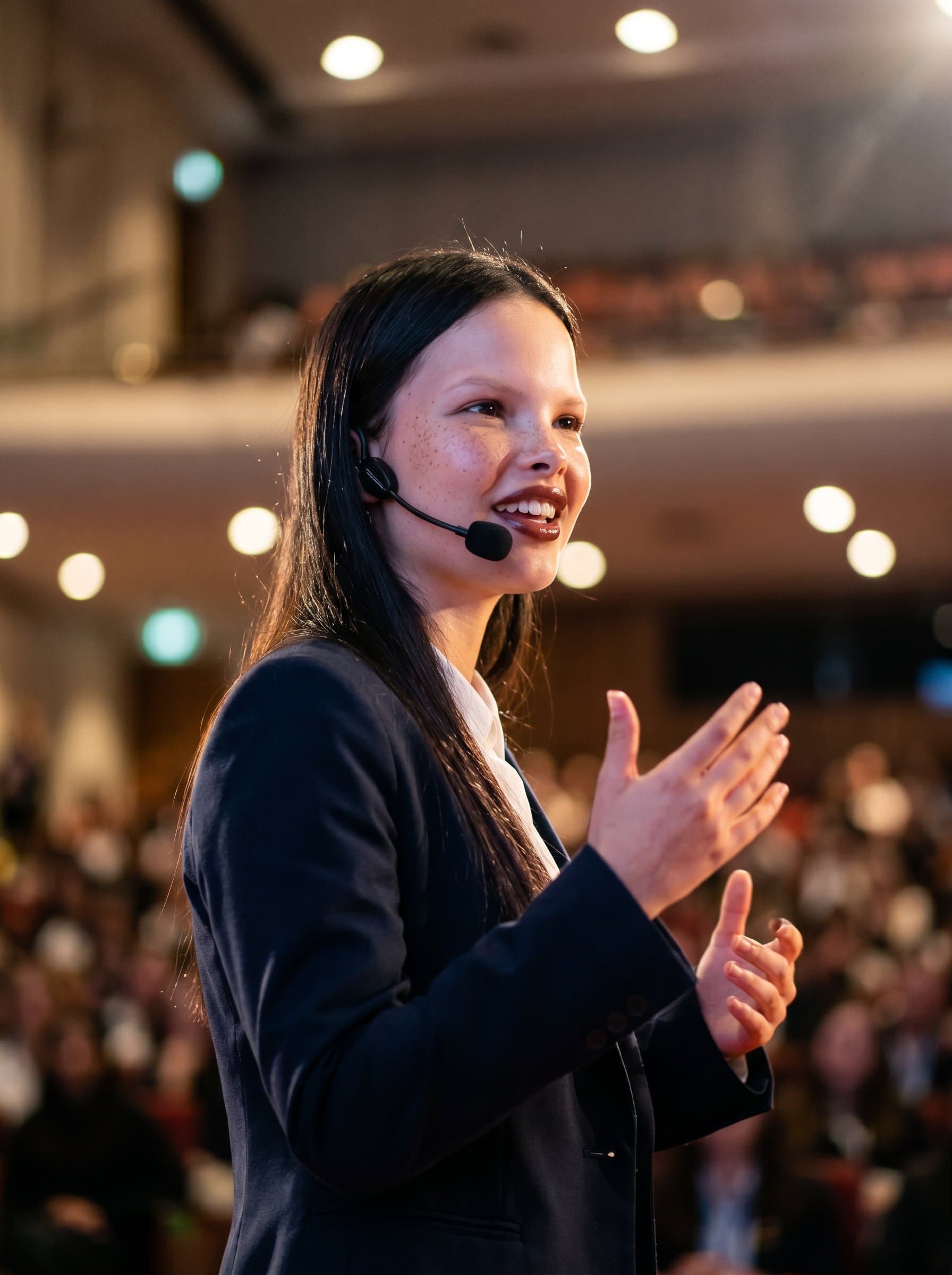 Design a featuring a charismatic speaker on stage, wearing a sleek headset microphone, with soft stage lighting highlighting facial expressions for emphasis.