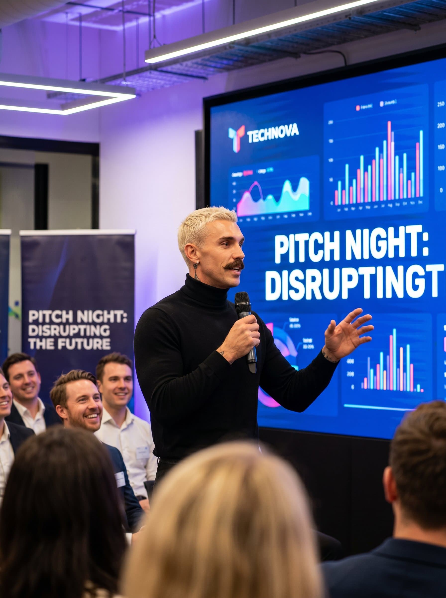 Create a showing a speaker at a startup pitch event, wearing a stylish turtleneck, with a vibrant presentation screen behind, exuding innovation and confidence.