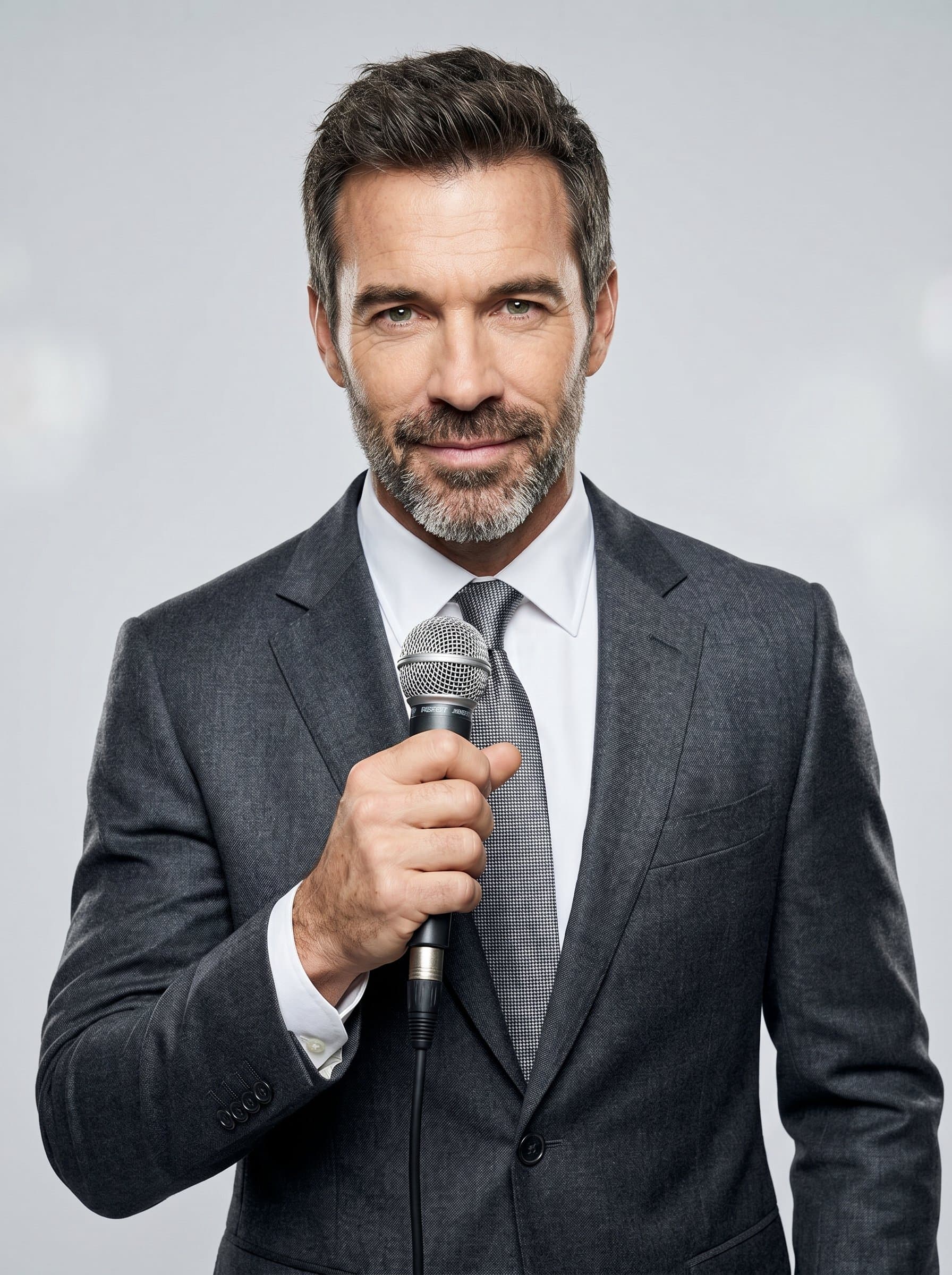 Create a image of a confident speaker with a sharp jawline, wearing a tailored charcoal suit. The backdrop is a subtle light gray, accentuating the man's bright eyes and inviting expression.