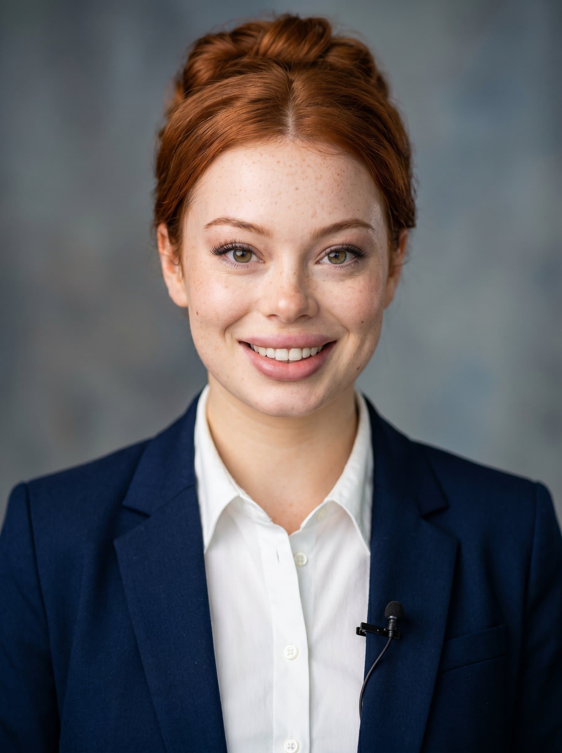 Capture a headshot of a keynote speaker with a warm smile, crisp white shirt, and navy blazer. The background is a soft gradient, ensuring the focus remains on clear skin and expressive eyes.