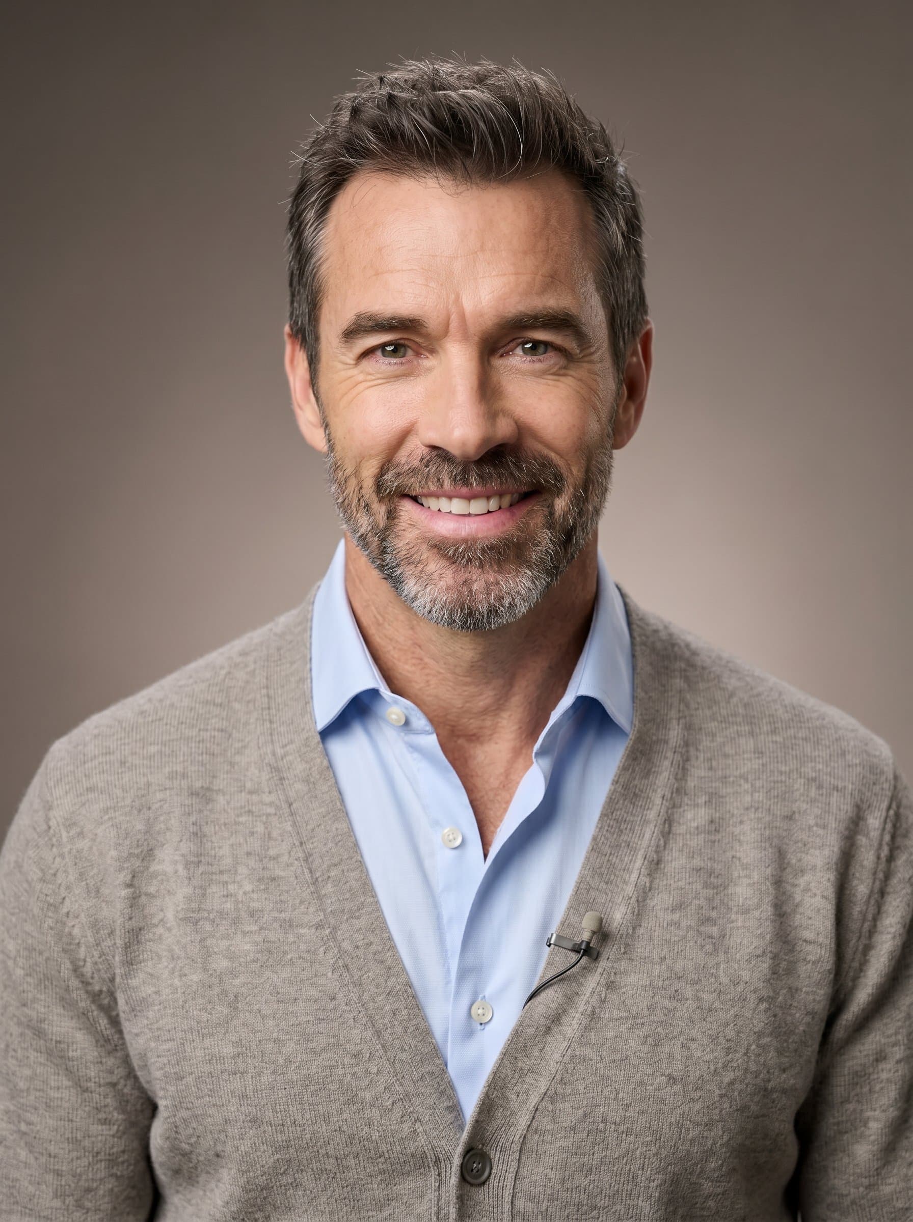 Produce a headshot displaying a keynote speaker in a soft pastel shirt and elegant cardigan. The setting is a gentle taupe gradient, highlighting the man's approachable demeanor and clear features.