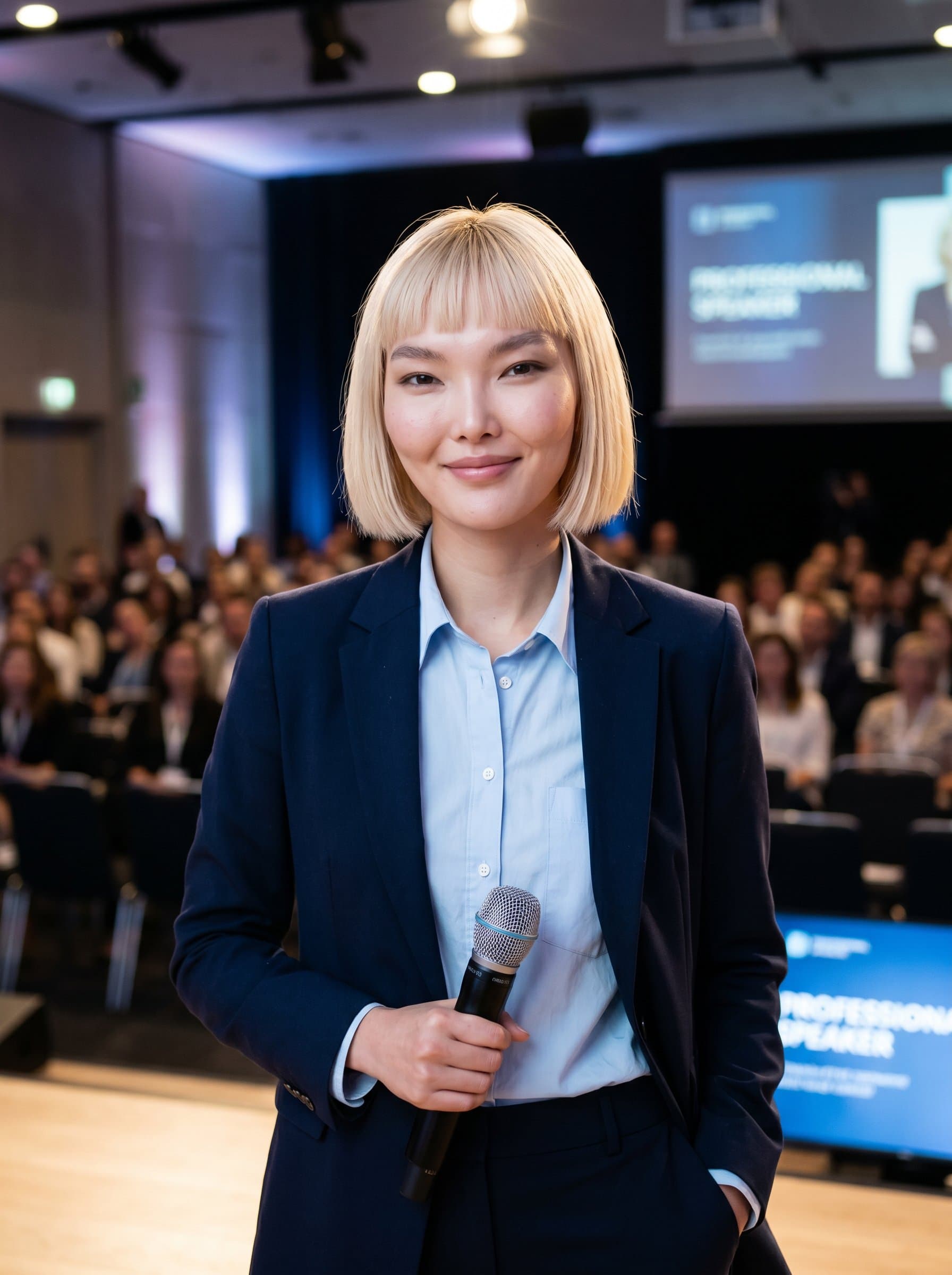 Design a portrait of a professional speaker, featuring a relaxed pose, neat hairstyle, and blue business casual attire. A blurred auditorium background suggests a speaking setting without distraction.