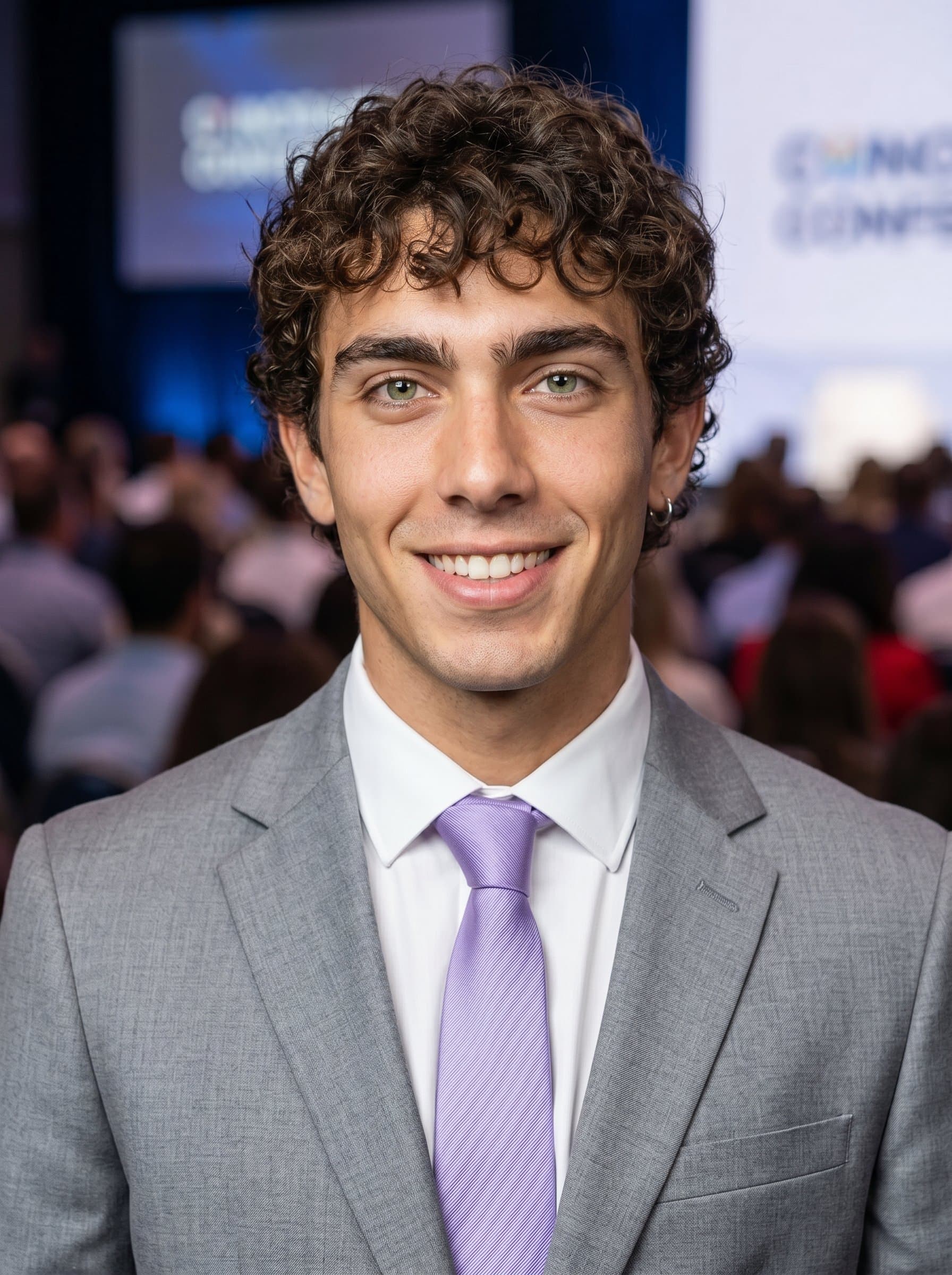 Build a headshot featuring a keynote speaker with an engaging look, dressed in a light gray suit and lavender tie. The soft-focus background enhances the man’s animated eyes and professional appeal.