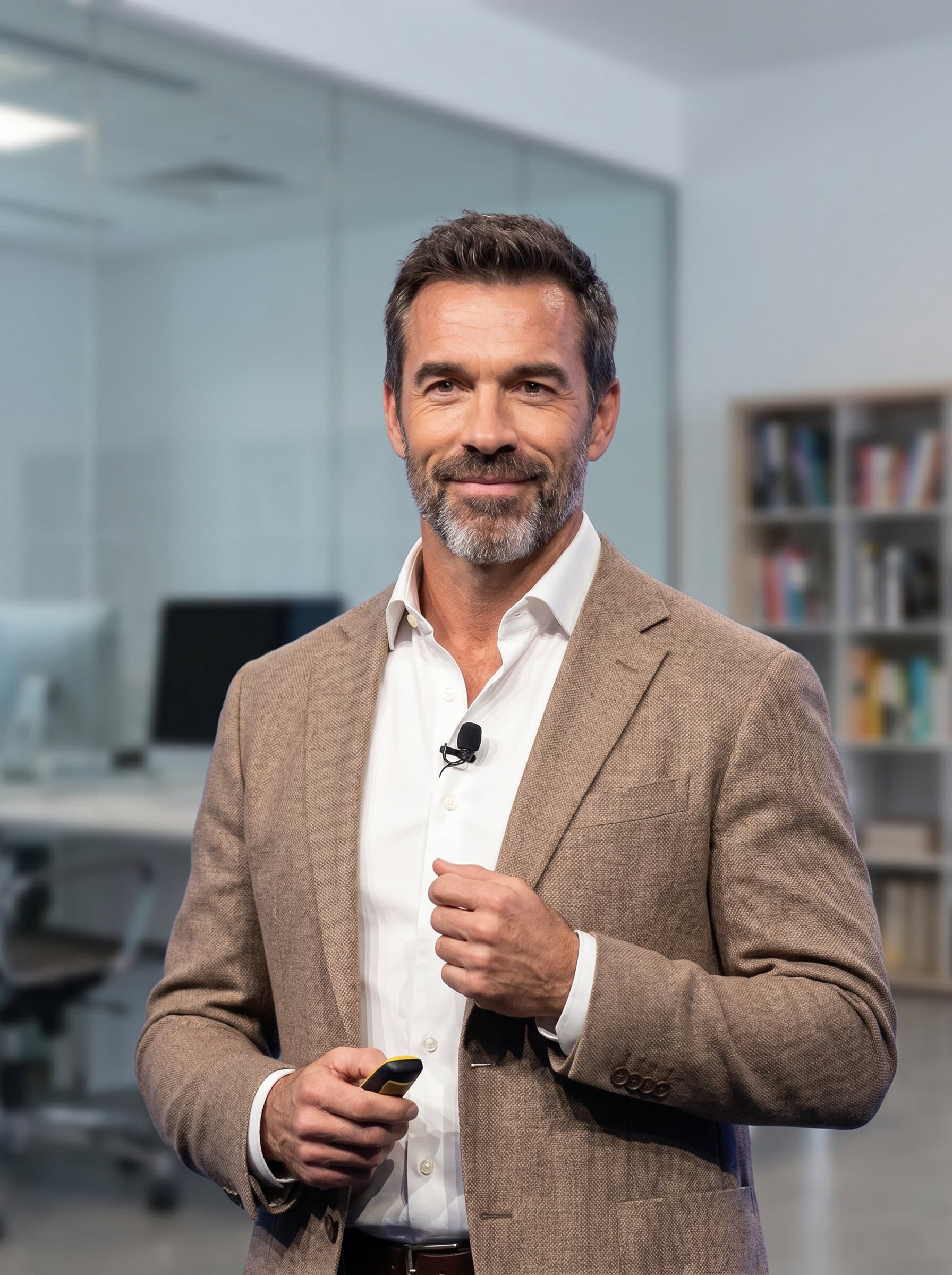 Build a image of a speaker with a thoughtful smile, donning a crisp white blouse and light brown blazer. The blurred office background provides context without overshadowing the man.