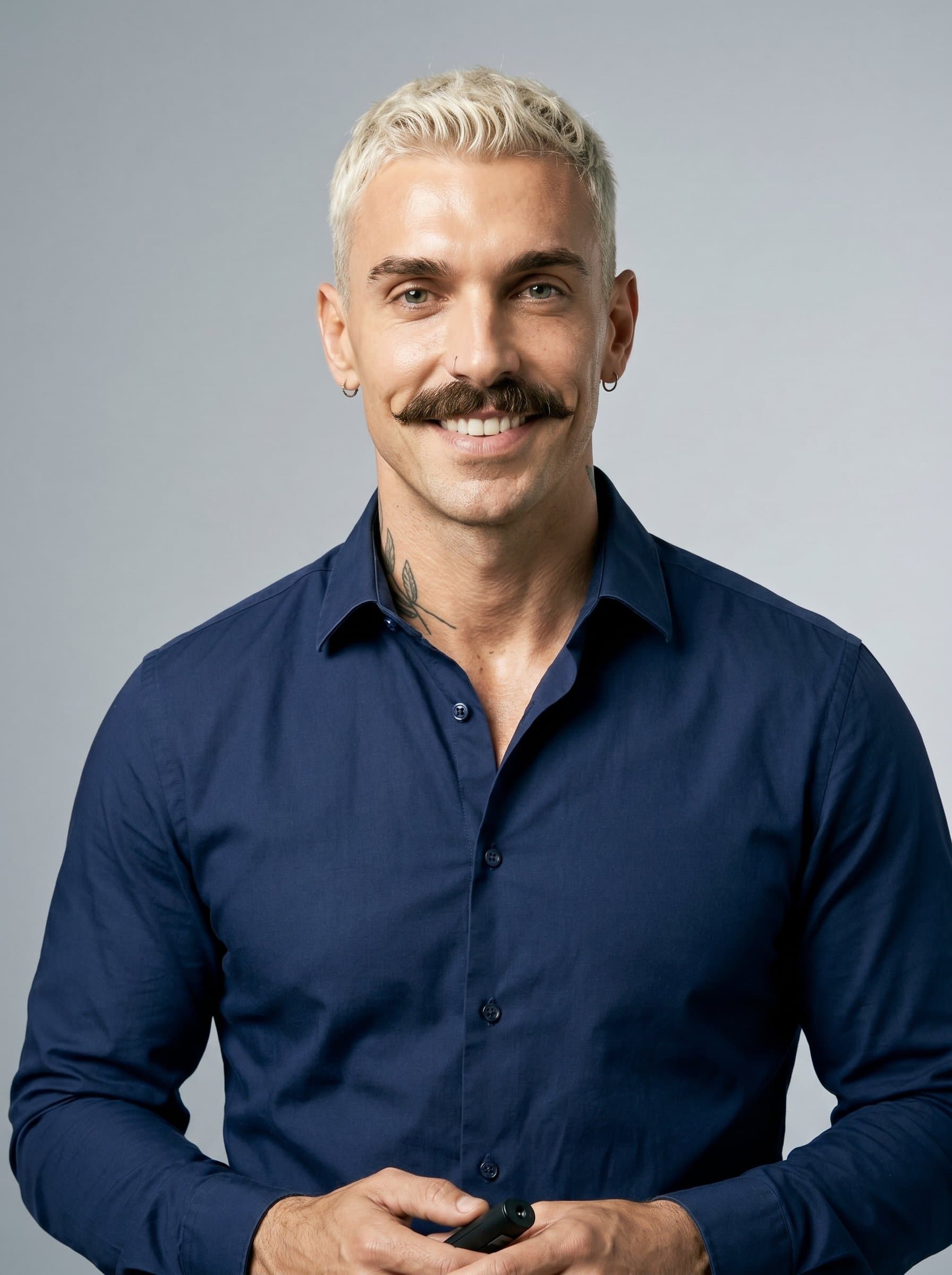 Render a portrait of a speaker displaying a confident and approachable look, wearing a navy dress shirt. The understated gray background ensures the focus is on the man's expressive and friendly face.