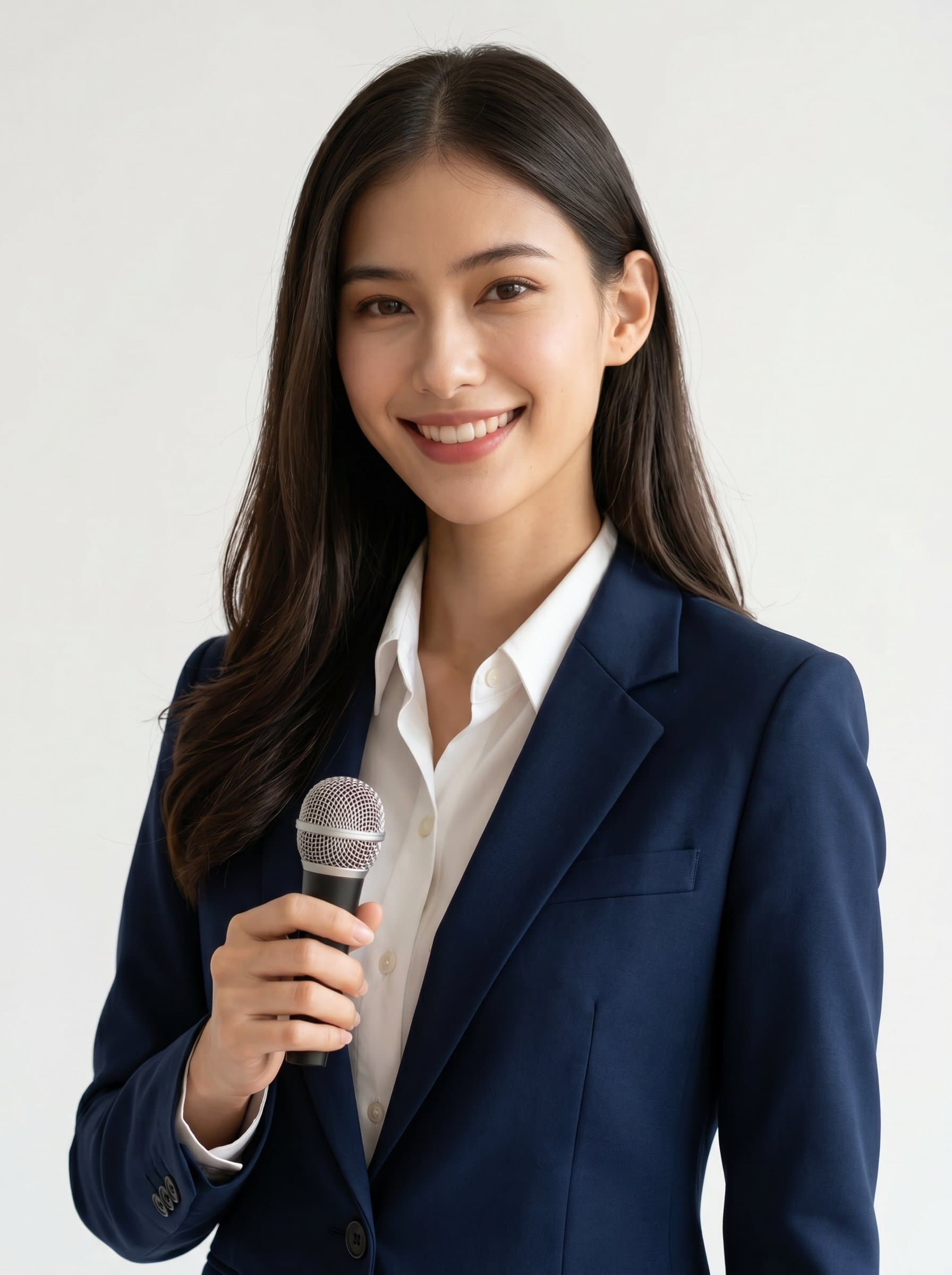 Develop a portrait of a speaker with a confident aura, wearing a sophisticated navy blazer. The subdued white background highlights the speaker's clear features and approachable expression.