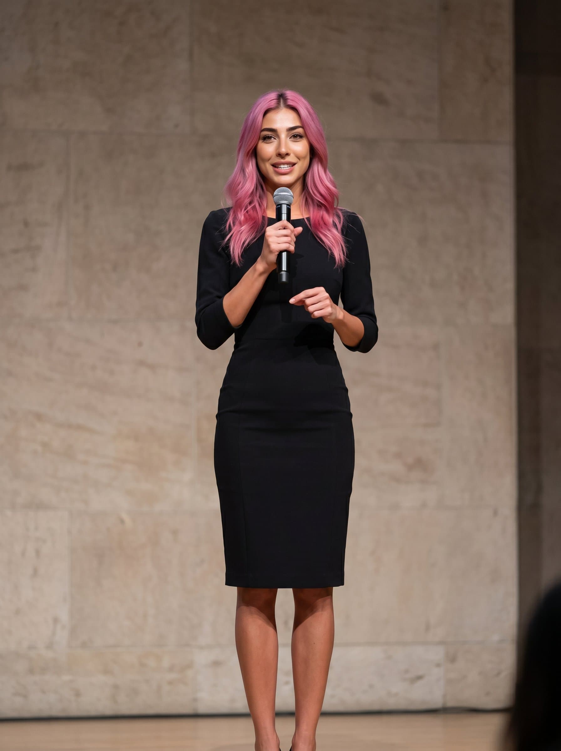 Generate a image of a speaker with a poised demeanor, wearing an elegant business dress. The neutral stone-colored background complements the speaker's bright eyes and confident stance.