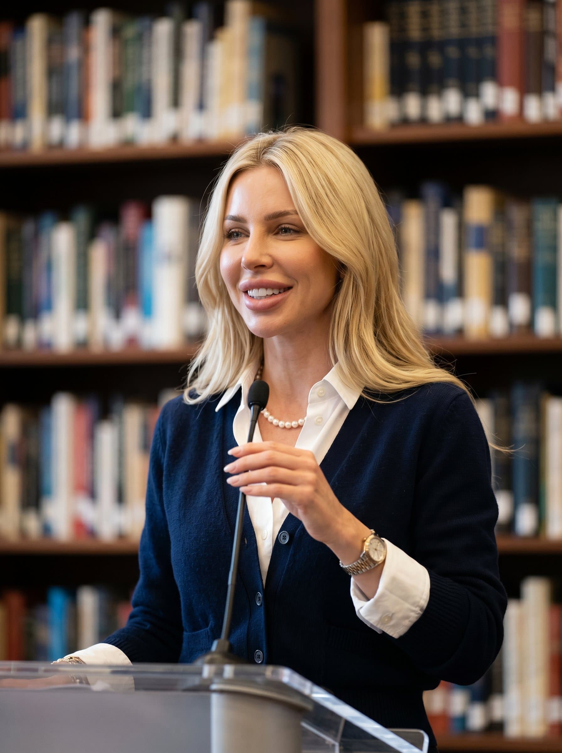 Craft a image of a speaker with an amiable smile, wearing a smart casual ensemble of a navy cardigan and white shirt. A soft-focus bookcase backdrop adds context without overpowering the woman.