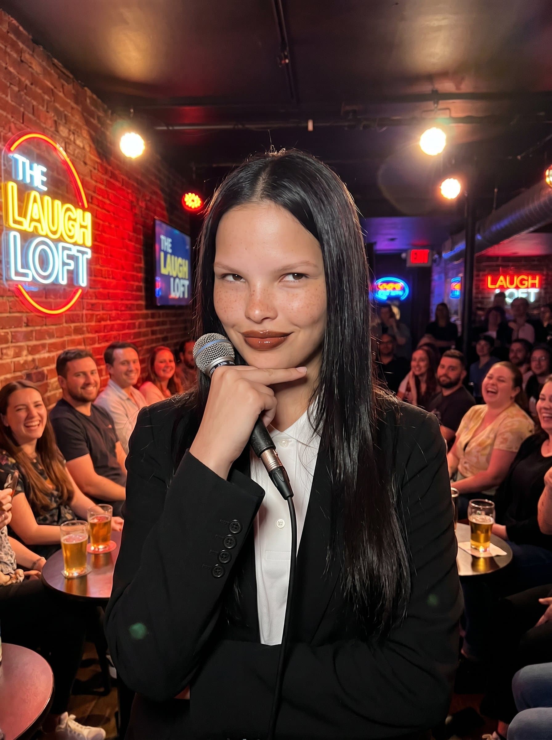 : Comedian adopting a thoughtful pose, chin resting on hand. Their smile suggests a clever punchline. The backdrop is a vibrant comedy club setting, adding context to their art.
