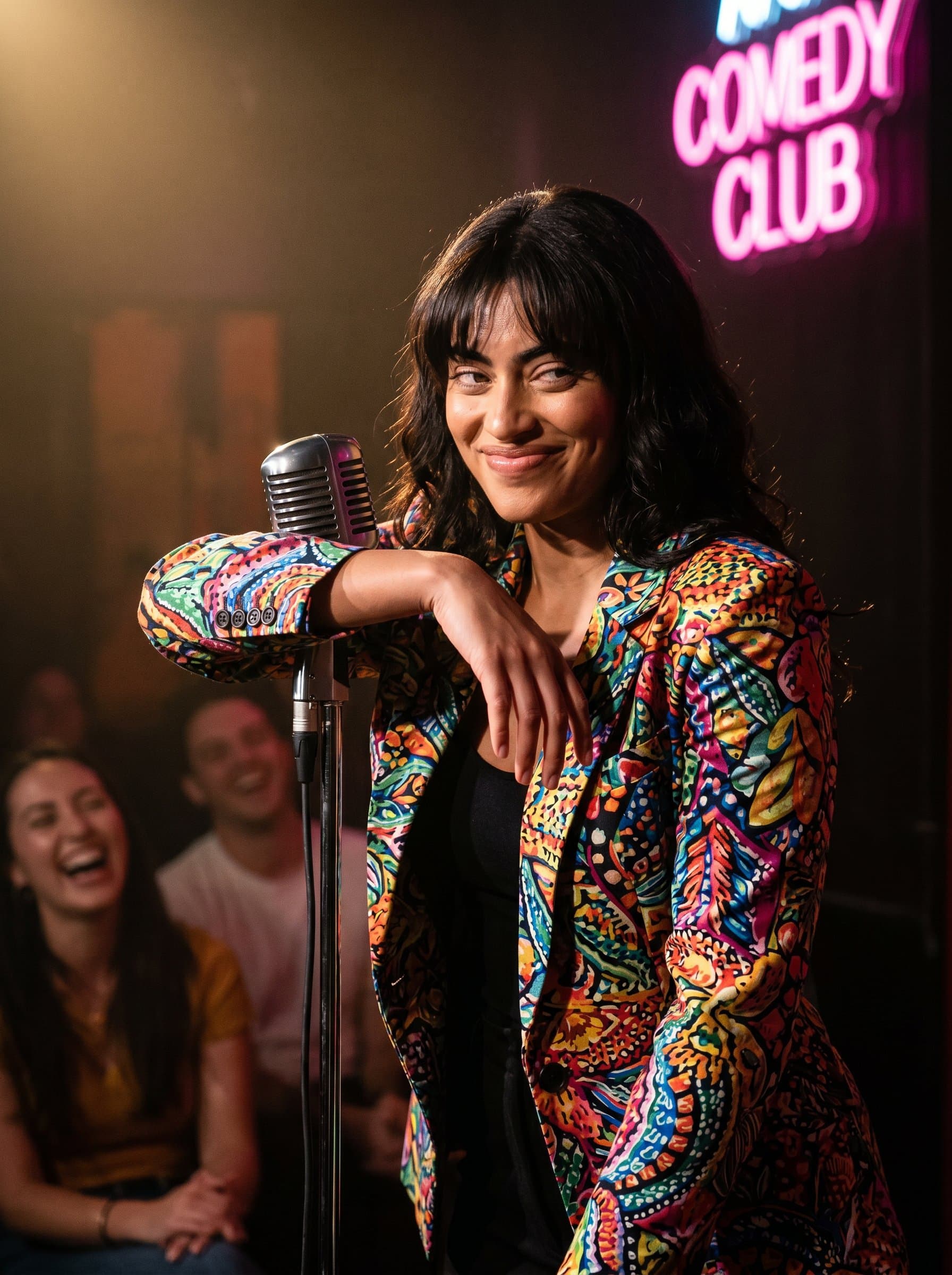 : A comedian with a mischievous grin, leaning on a microphone stand. Their eyes twinkle with humor, wearing a colorful blazer. Perfect for capturing the essence of stand-up in a photorealistic style.