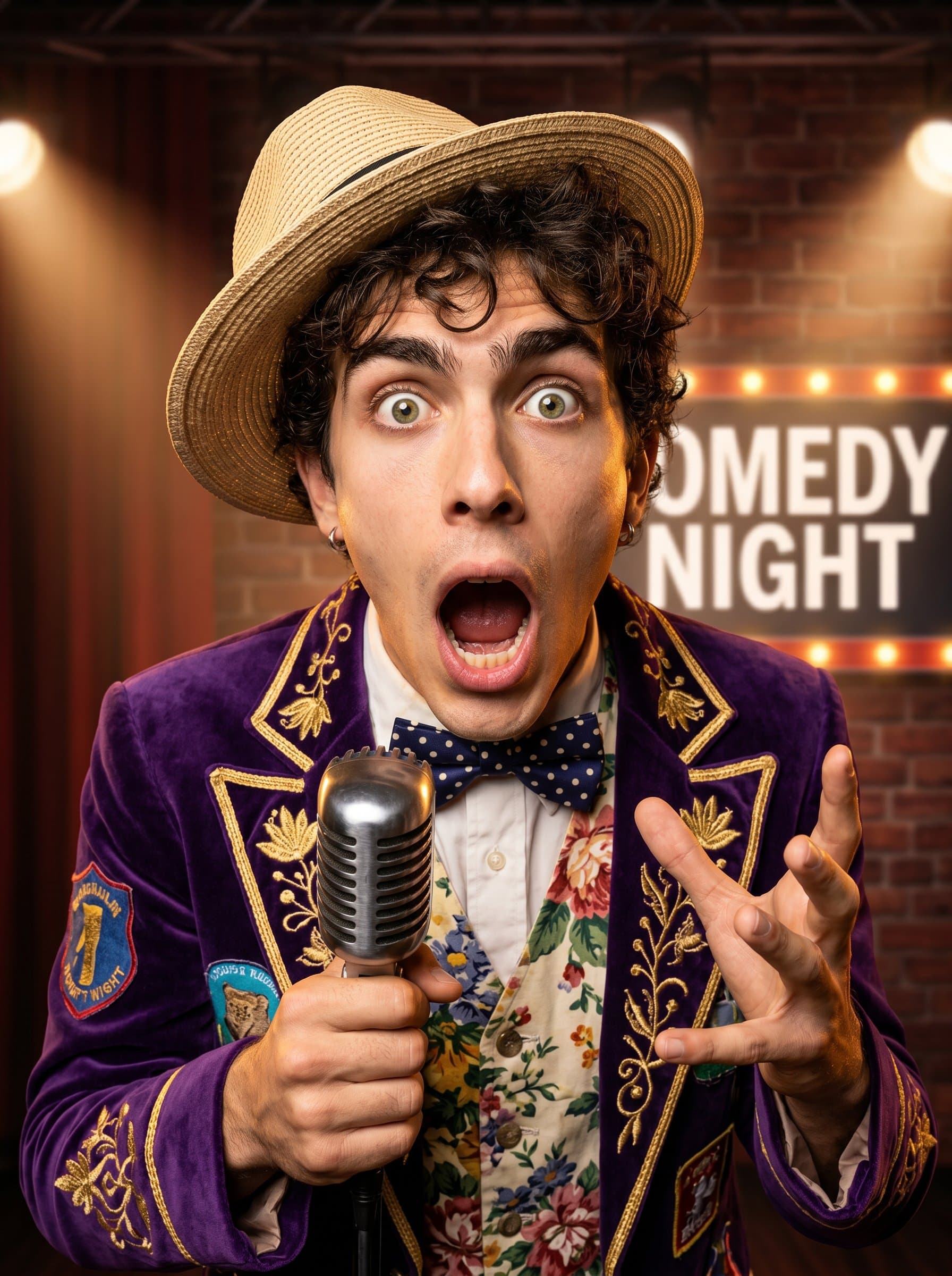 : A dynamic headshot of a comedian with exaggerated shock, eyebrows raised, mouth agape. They're wearing an eclectic ensemble that mirrors their whimsical comedic style.
