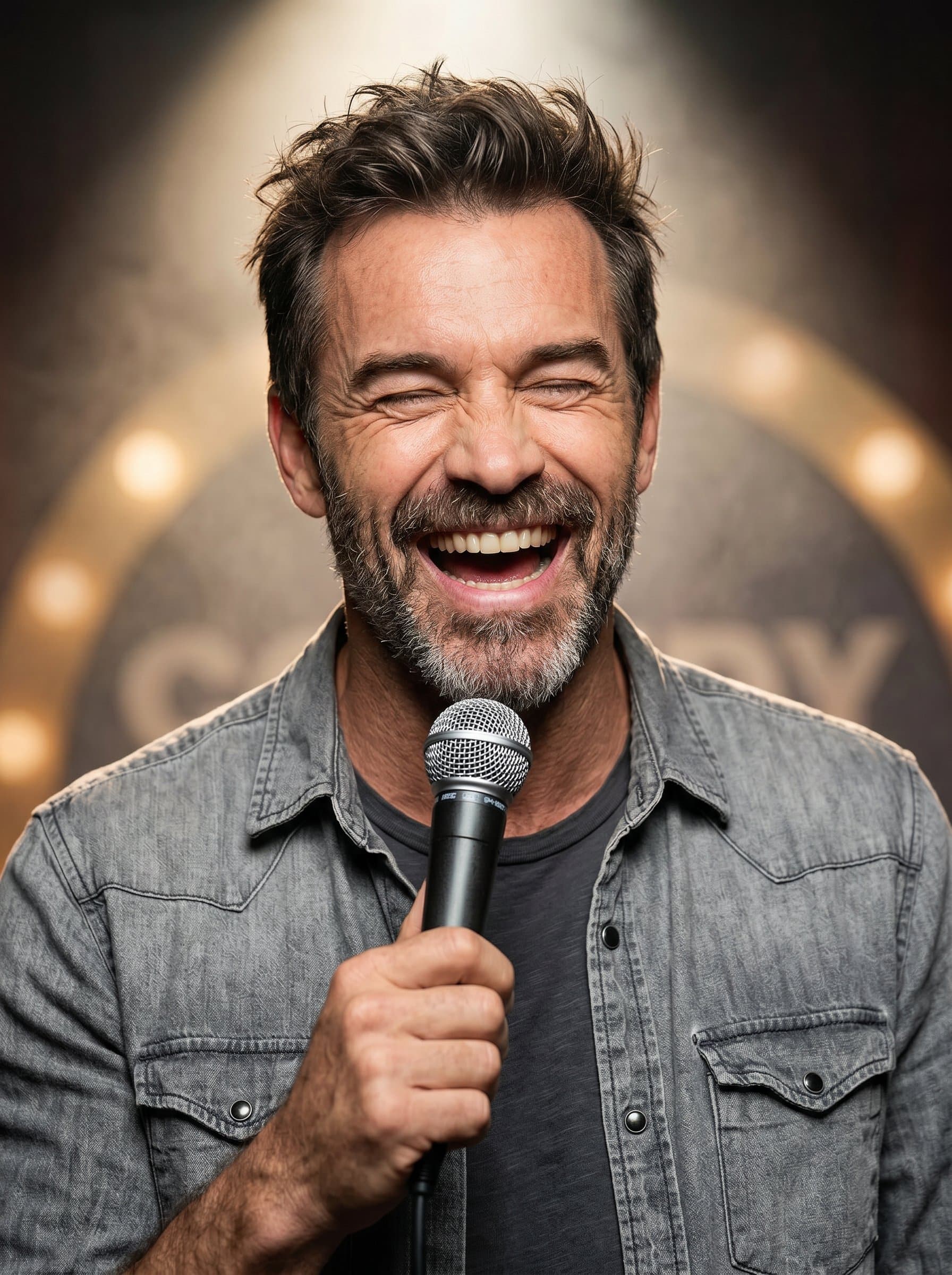 : Headshot of a comedian mid-laughter, eyes squeezed shut. Background features a spotlight halo. Their casual outfit and tousled hair add to the approachable, relatable vibe of their comedy.