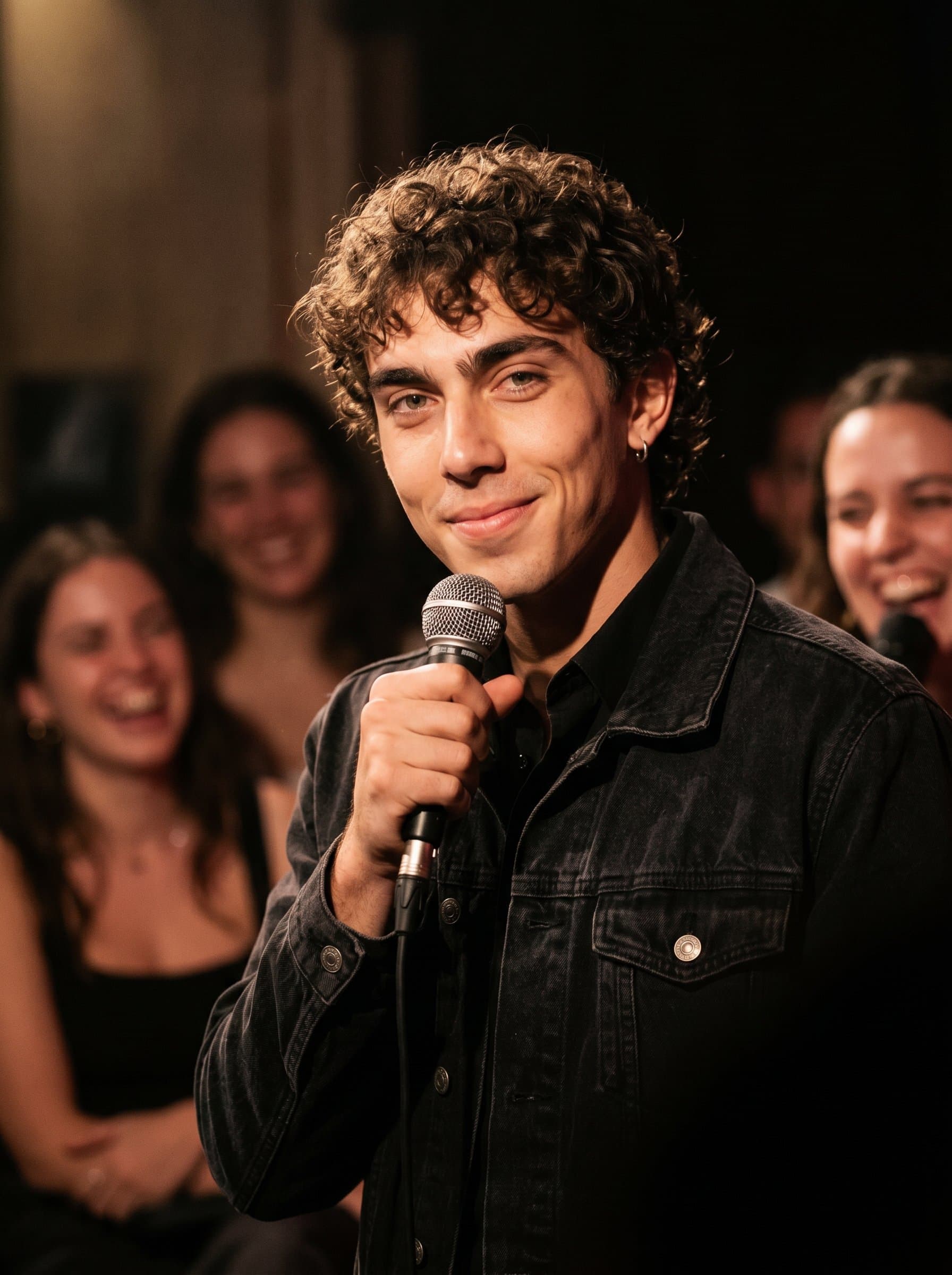 : A comedian with a gentle, knowing smile, holding a microphone close. The stage lights cast a soft glow, creating a connection with the audience through the lens.