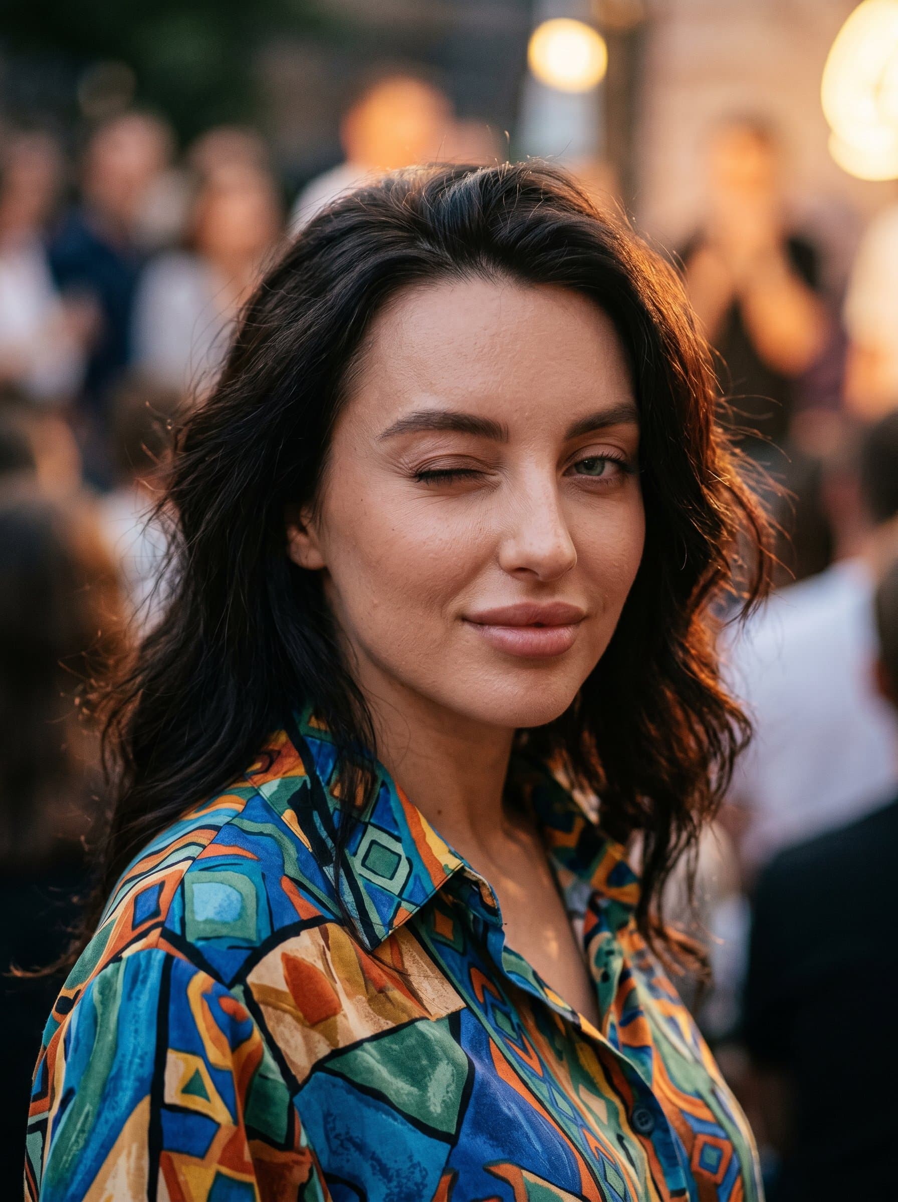 : A comedian with a charismatic wink, wearing a funky patterned shirt. The warm lighting enhances the texture of their skin, making the headshot lively and engaging.
