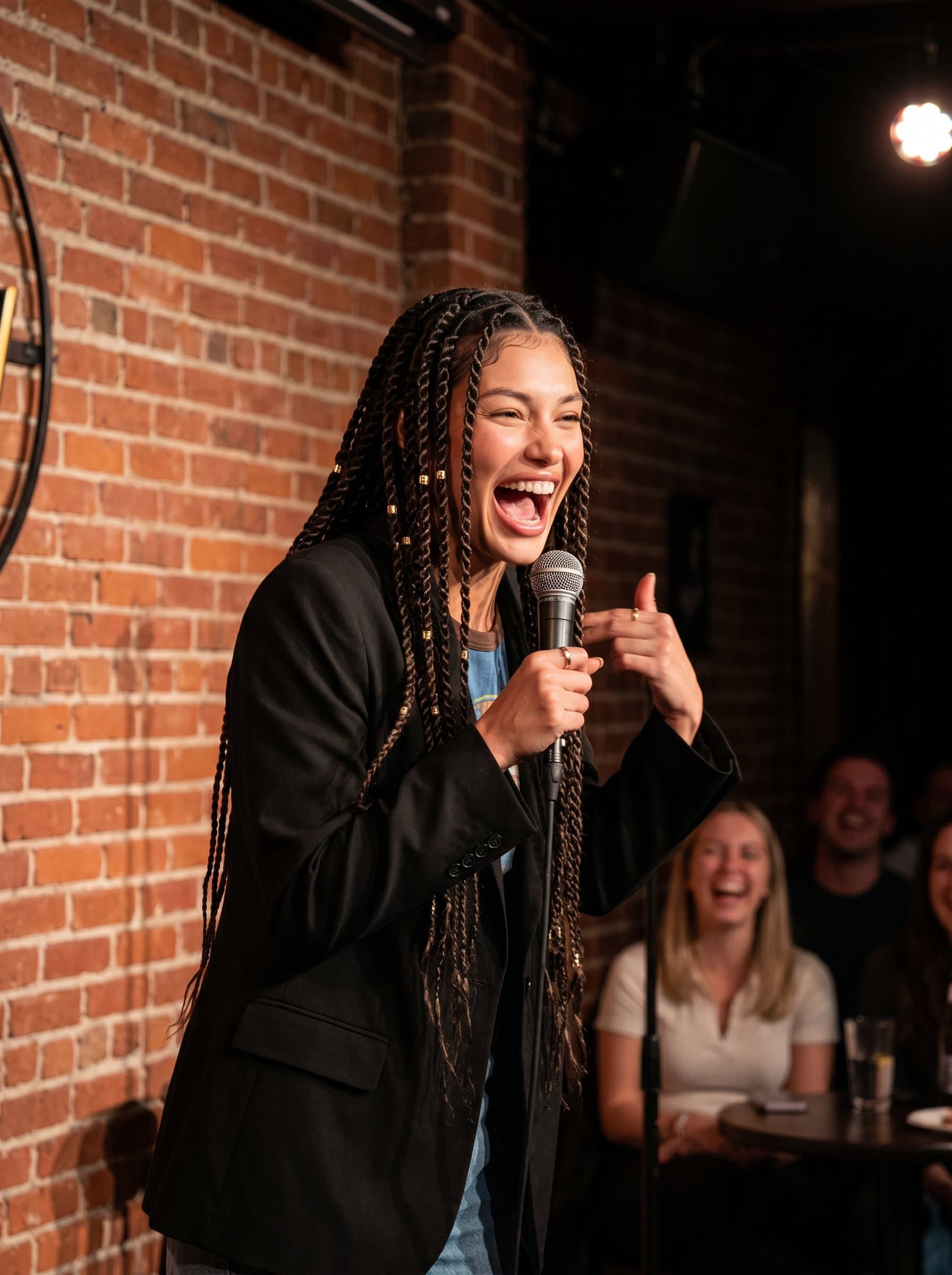 : A comedian in mid-joke, mouth open, eyes wide with expression. The hint of a brick wall behind them suggests a classic comedy club vibe, full of energy and charisma.