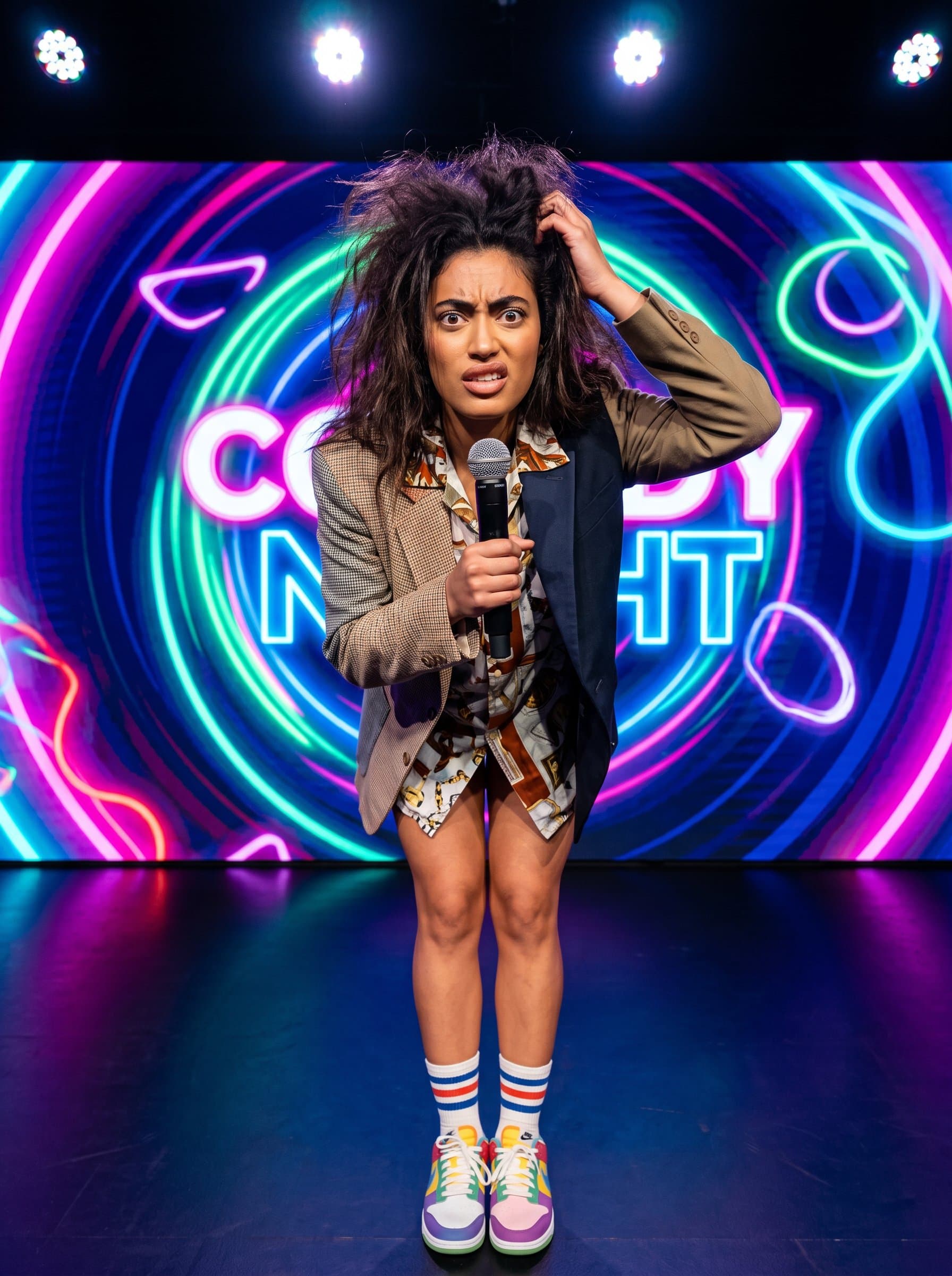 : Comedian with wild hair, giving an exaggerated puzzled look. Their quirky fashion sense stands out, reflecting their unique comedic perspective in a colorful digital setting.