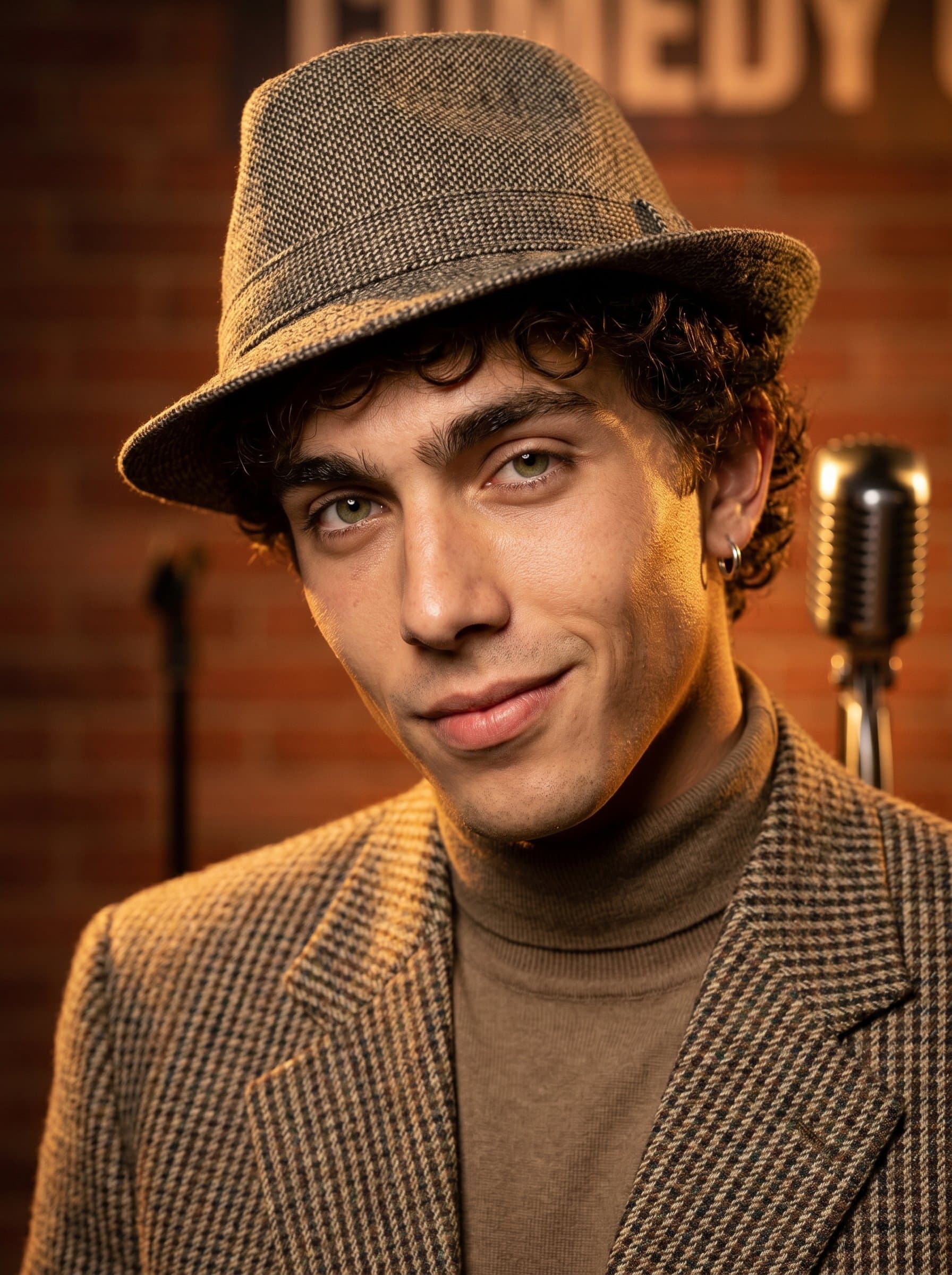 : Comedian with a knowing smirk, wearing a vintage hat tilted jauntily. The retro-inspired backdrop enhances their timeless humor, perfect for promotional headshots.