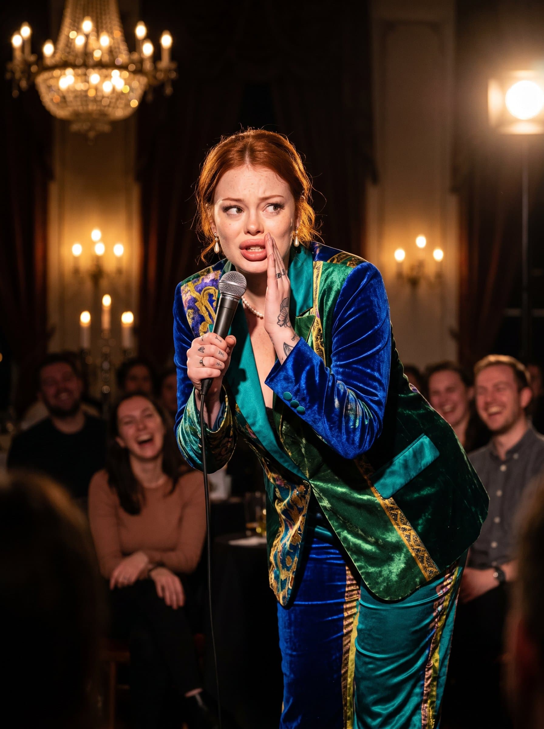 : Comedian mimicking an exaggerated whisper, leaning slightly forward. The vibrant colors of their outfit pop against the darkened stage setting, conveying intrigue and humor.