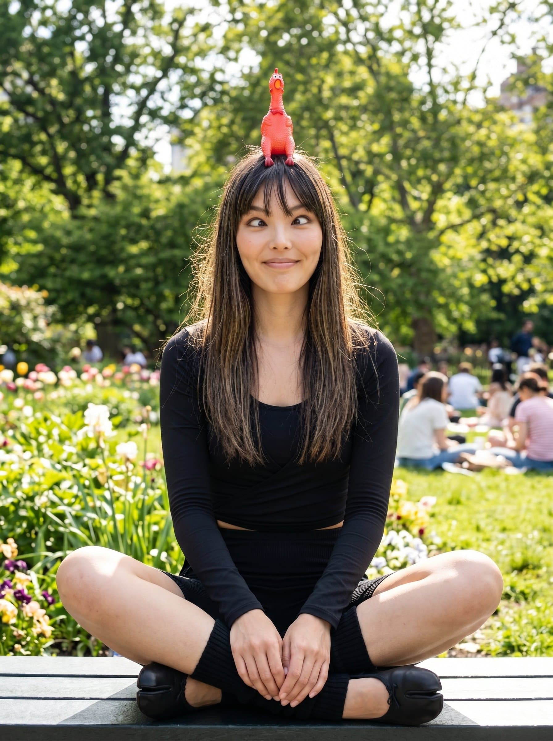: A comedian balancing a small prop on their head, eyes crossed humorously. The sunny outdoor background adds an element of surprise, complementing their playful demeanor.