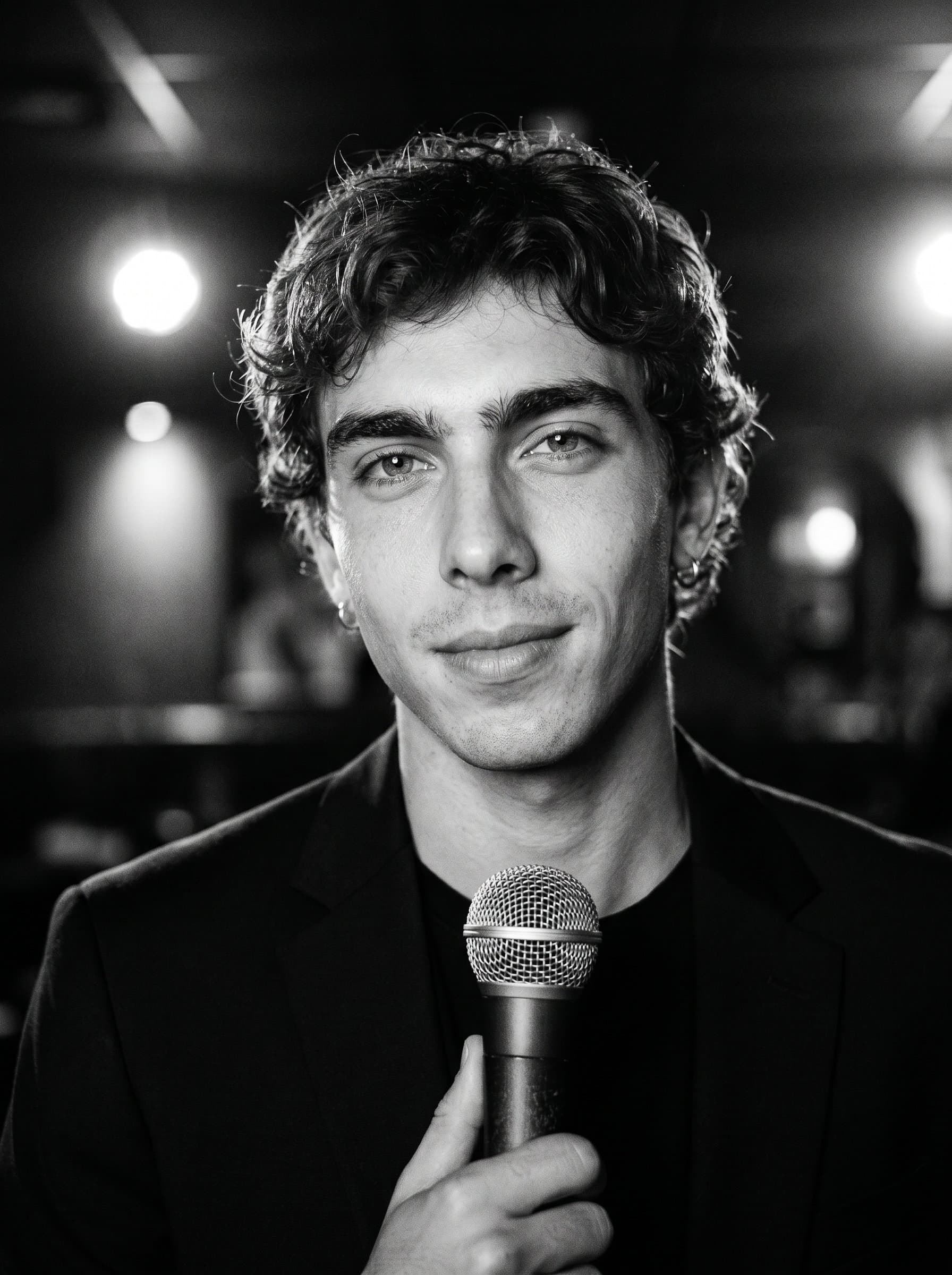 : Close-up of a comedian with a serene expression, a slight smile playing on their lips. The monochrome palette adds sophistication, creating a timeless, modern look.
