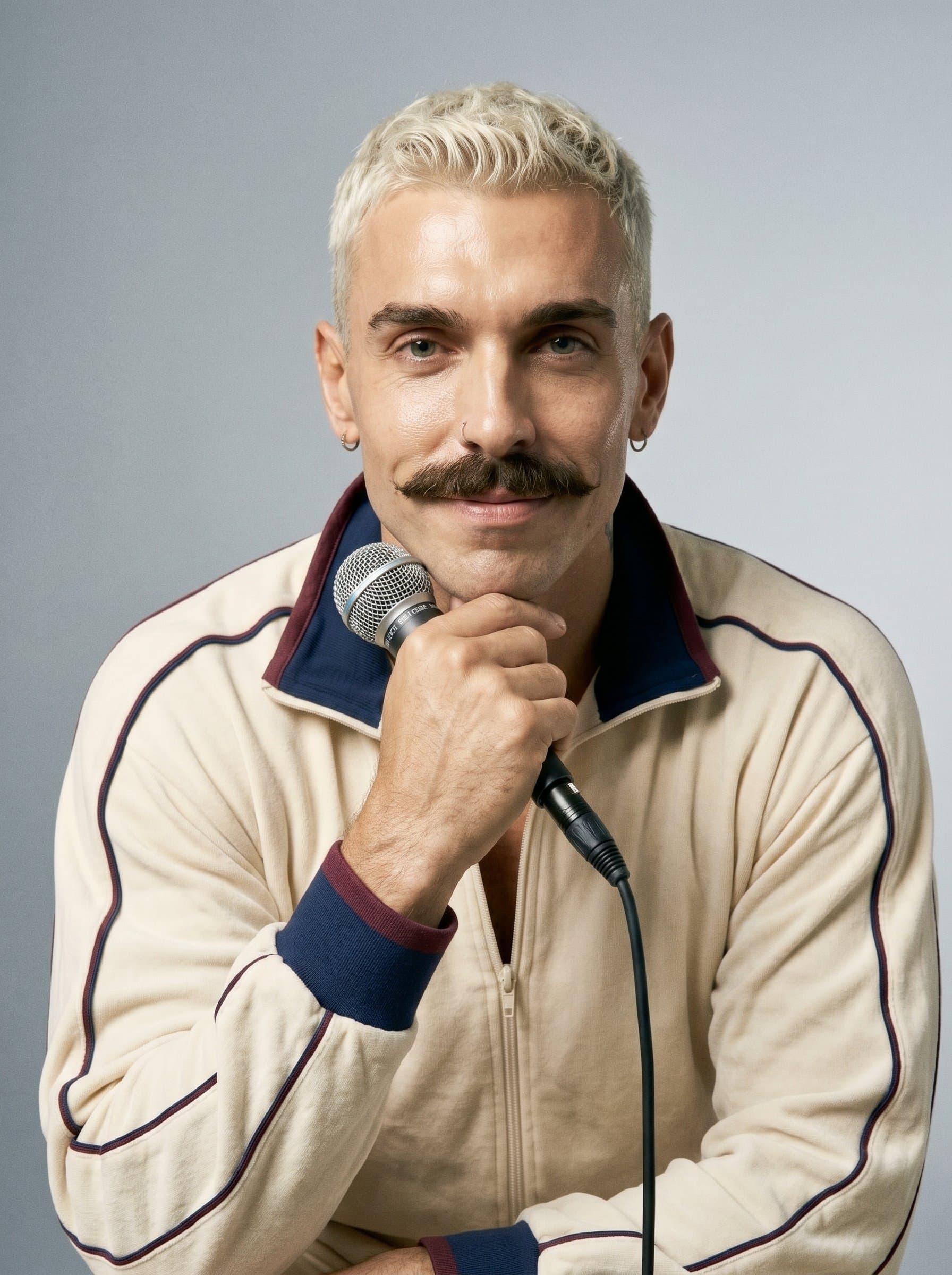 : Comedian with a contemplative expression, framed against a minimal, sleek background. The subtle play of light and shadow reflects their introspective yet humorous nature.