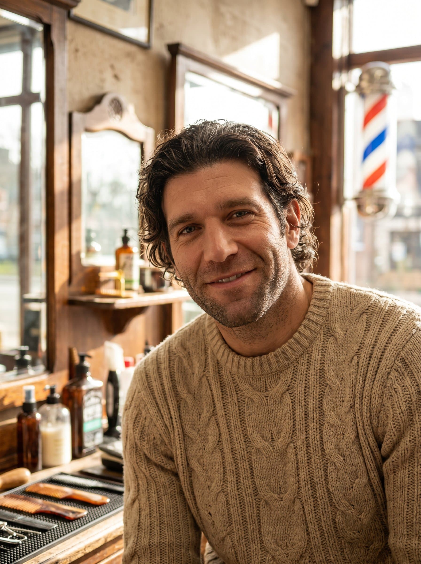 Casual barber headshot with relaxed waves, dressed in a cozy sweater, captured in a sunlit, rustic barbershop, promoting an approachable and warm vibe.
