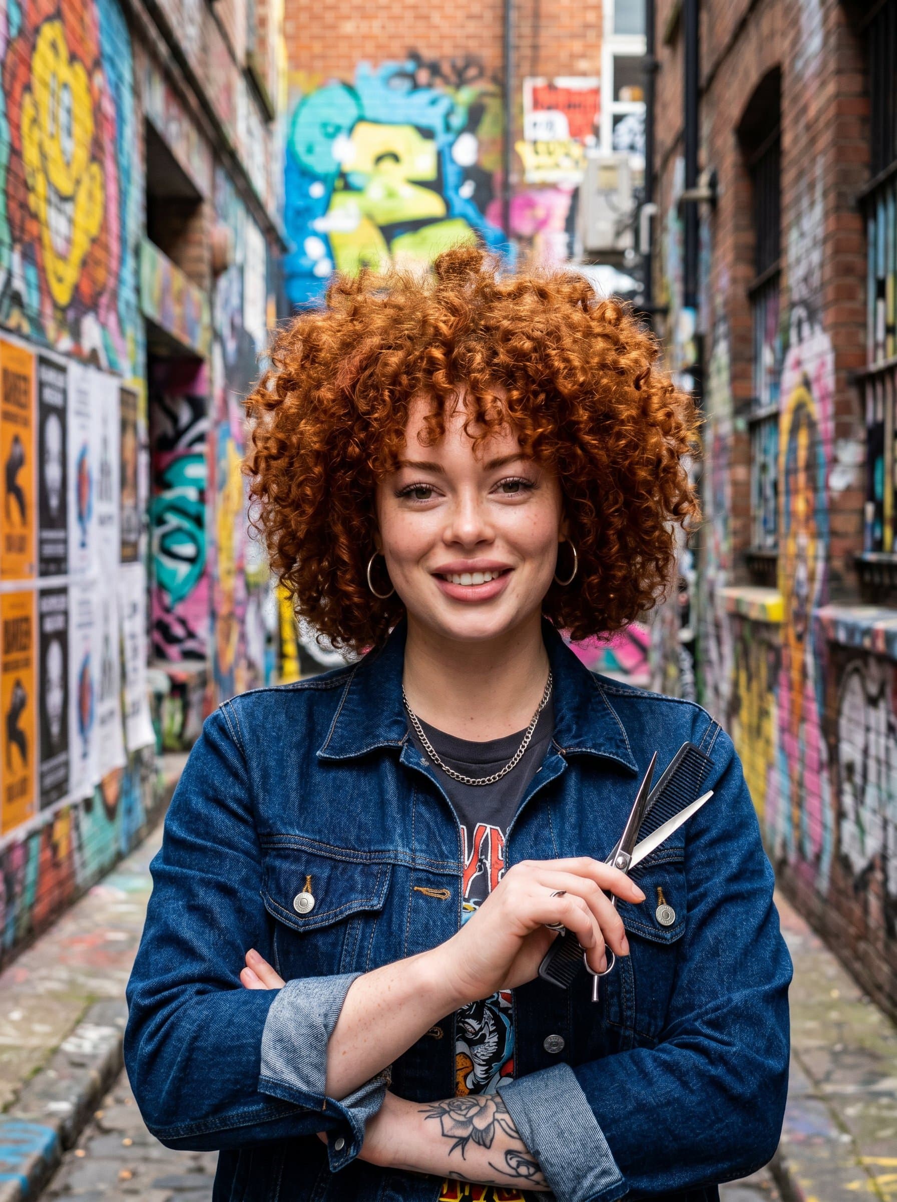 Urban Chic barber headshot, featuring textured curls, wearing a casual denim jacket, set in a stylish, graffiti-filled alleyway, capturing vibrant and edgy street culture.