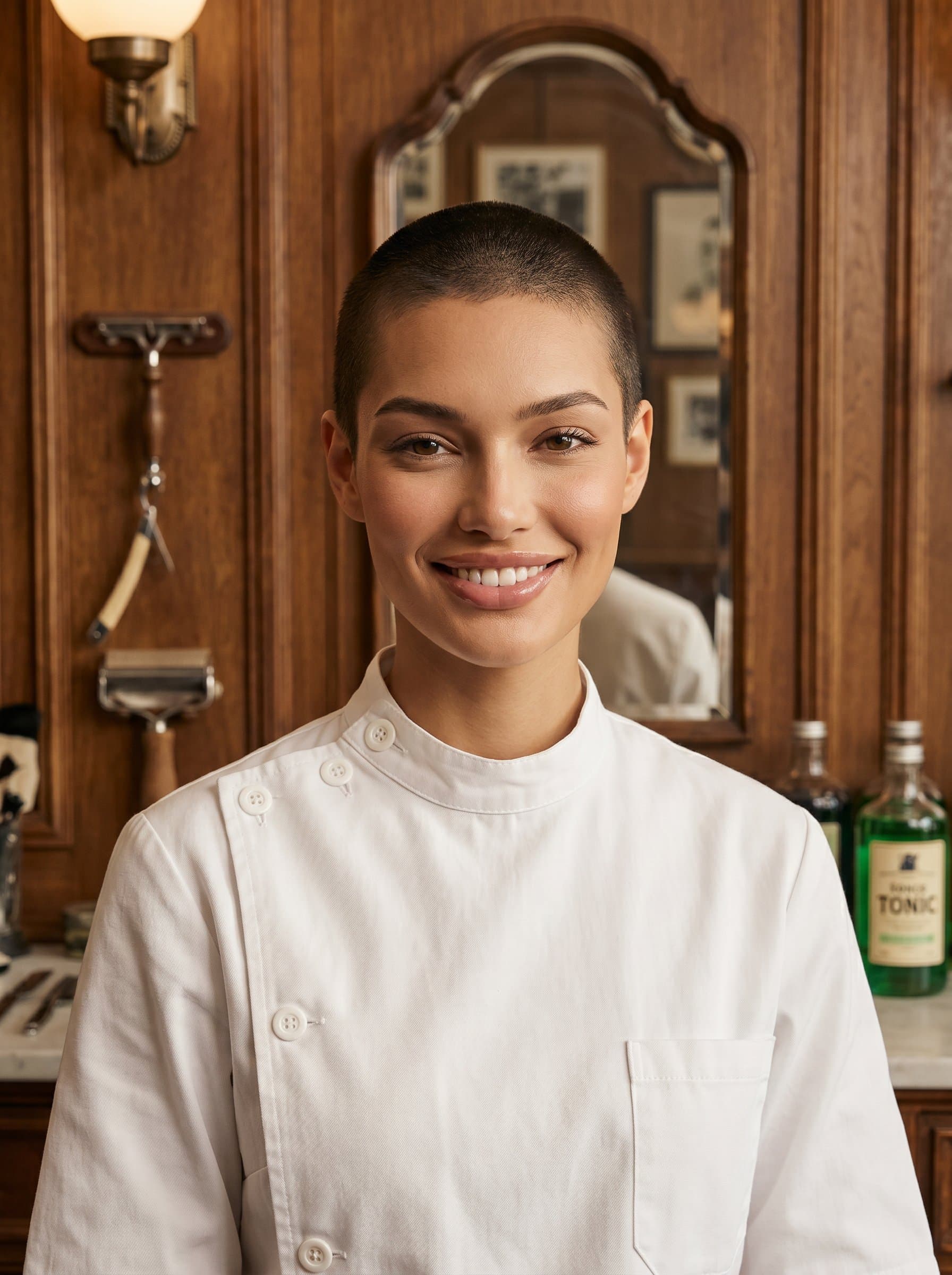 headshot for a barber in a classic white barber jacket, sporting a clean buzz cut, photographed in a traditional barbershop with wood-paneled walls, reflecting professionalism and reliability.