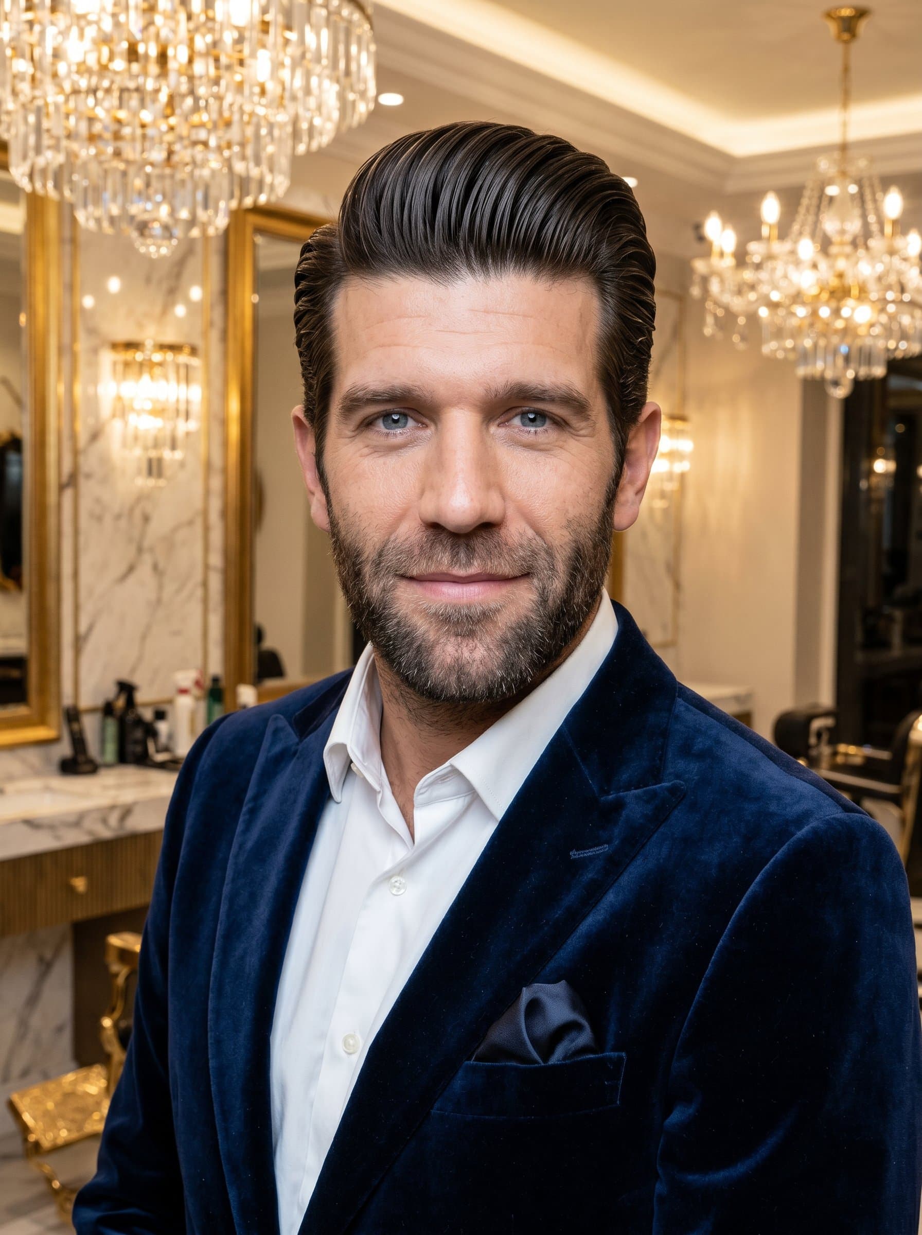 Luxury Groom barber headshot, featuring a slick pompadour hairstyle, dressed in a velvet blazer, posed against an opulent, chandelier-lit salon, exuding refined elegance and high-end service.