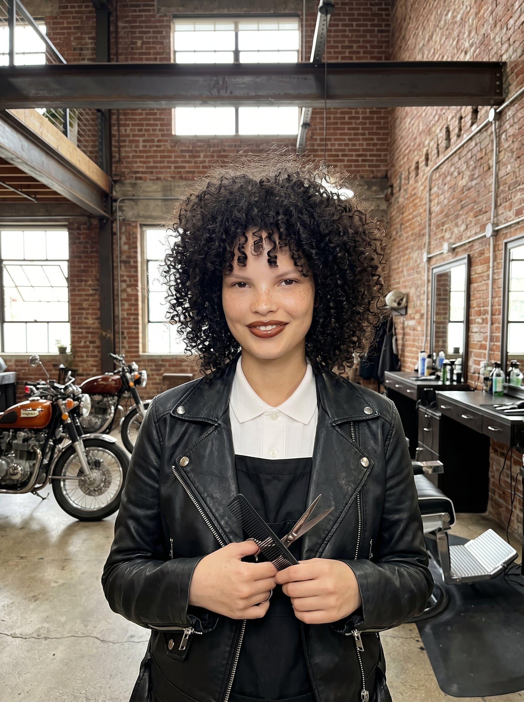 Urban Chic barber image with defined curls, wearing a leather jacket, captured in an industrial loft setting, representing a fusion of boldness and contemporary urban style.