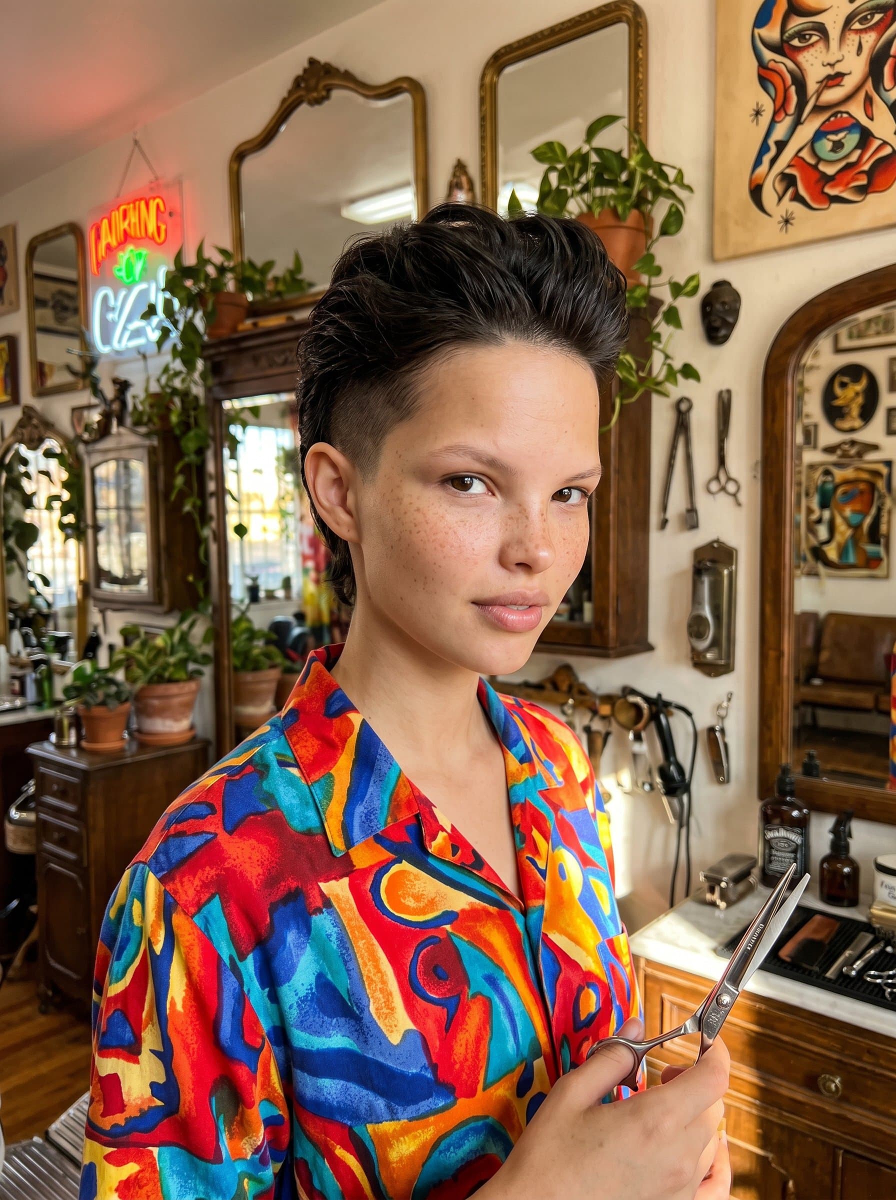 Creative Flair headshot of a barber with a bold undercut, adorned in a colorful, patterned shirt, shot in an artsy studio with eclectic decor, highlighting unique artistry and personality.