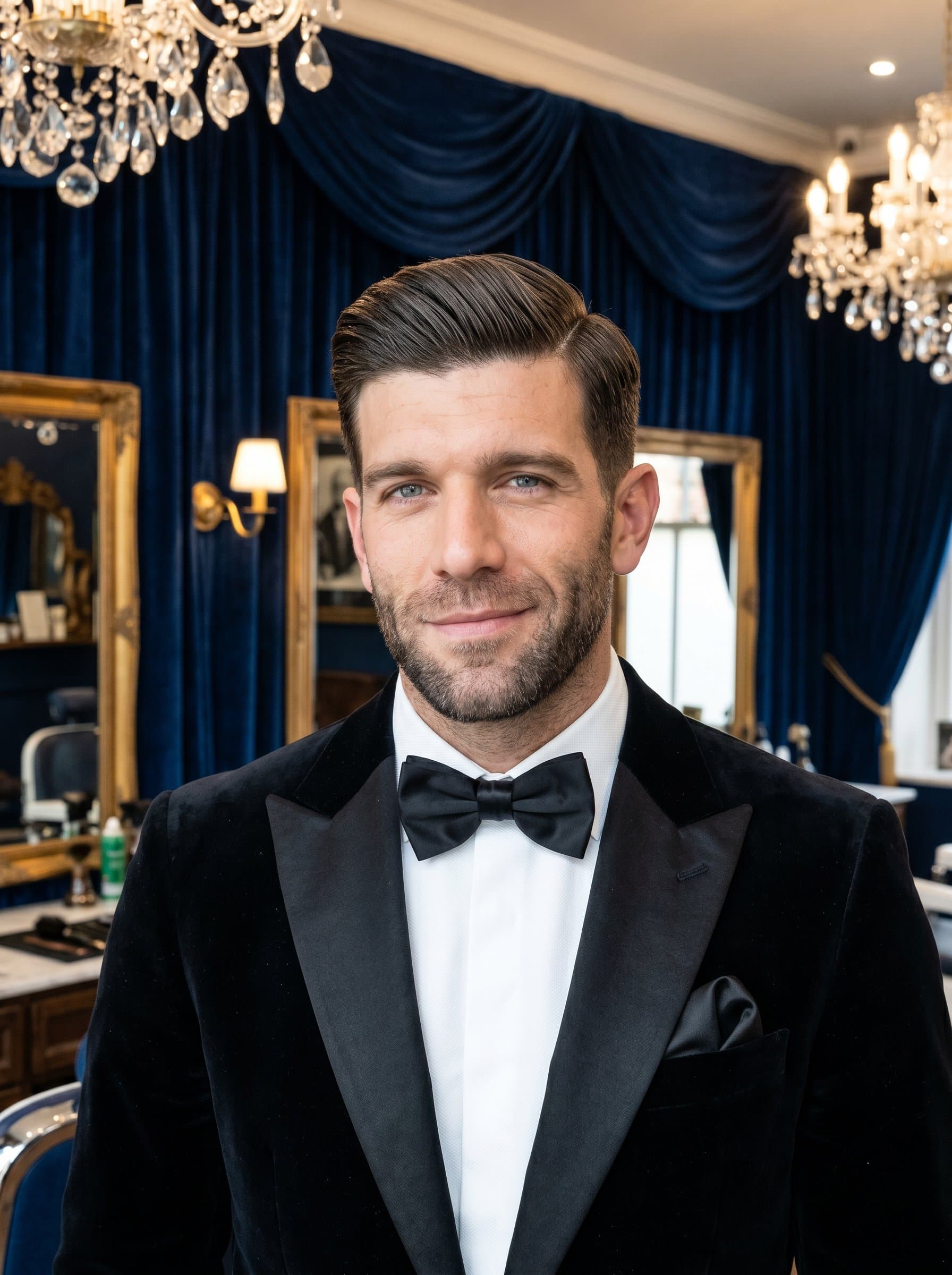 Luxury Groom barber headshot with a refined side sweep, wearing a tailored tuxedo, in a plush, velvet-draped salon setting, exuding elegance and high-class grooming.