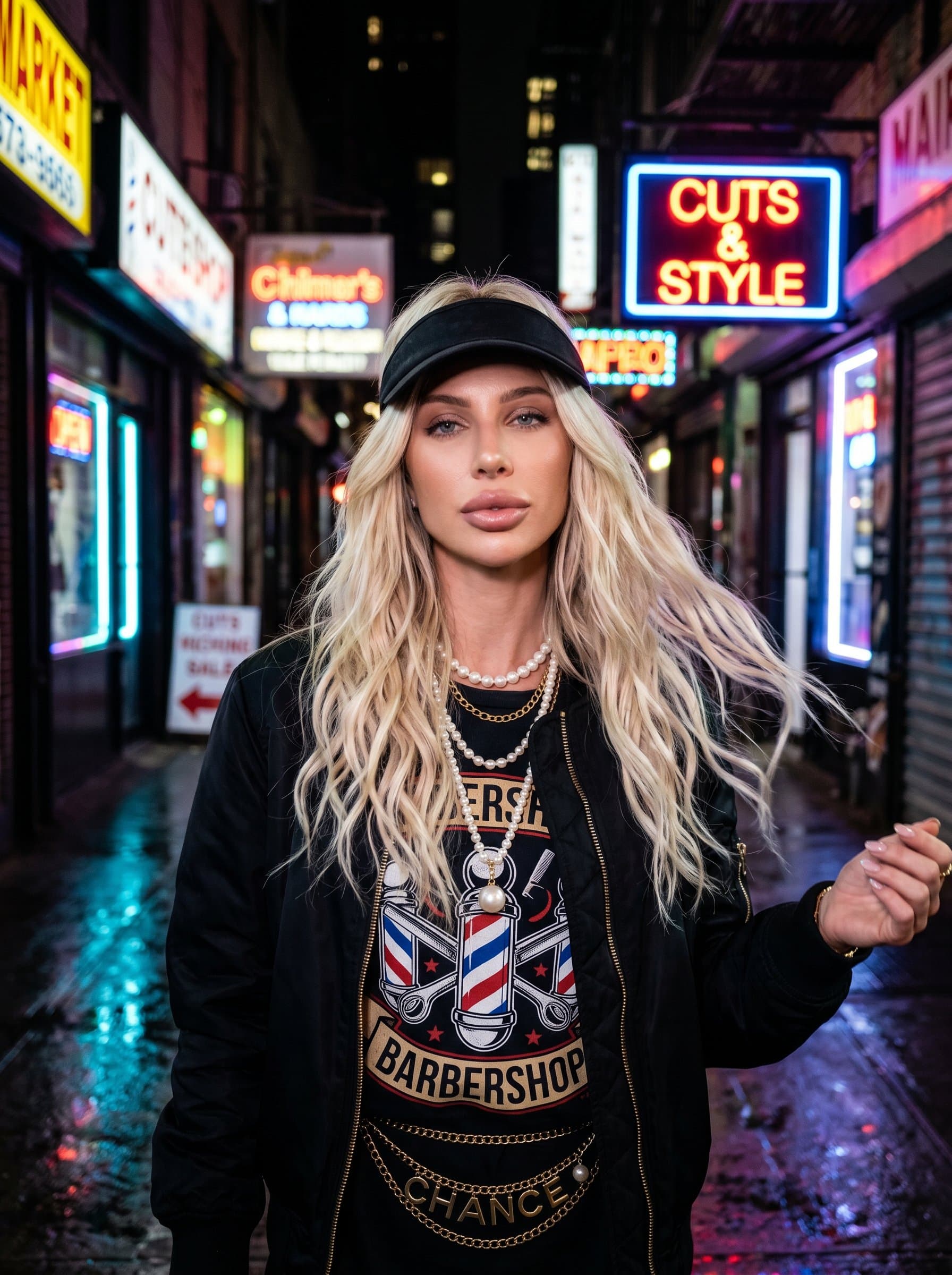 Urban Chic barber headshot, featuring dynamic waves, wearing a graphic tee and bomber jacket, set in a neon-lit alley, capturing the energy of urban nightlife.