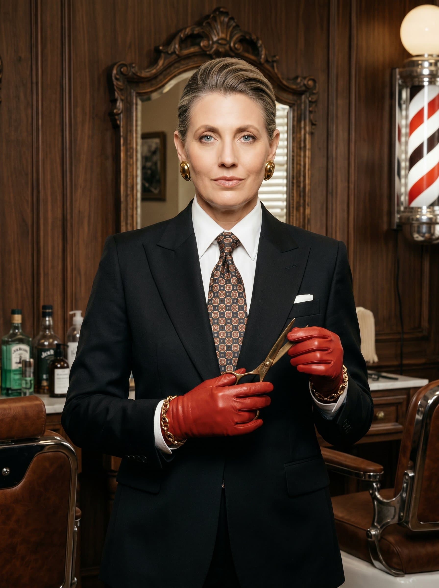 barber headshot with a classic style, featuring a neat, side-parted hairstyle, wearing a tailored black suit against a vintage barbershop backdrop, showcasing timeless elegance and professional sophistication.