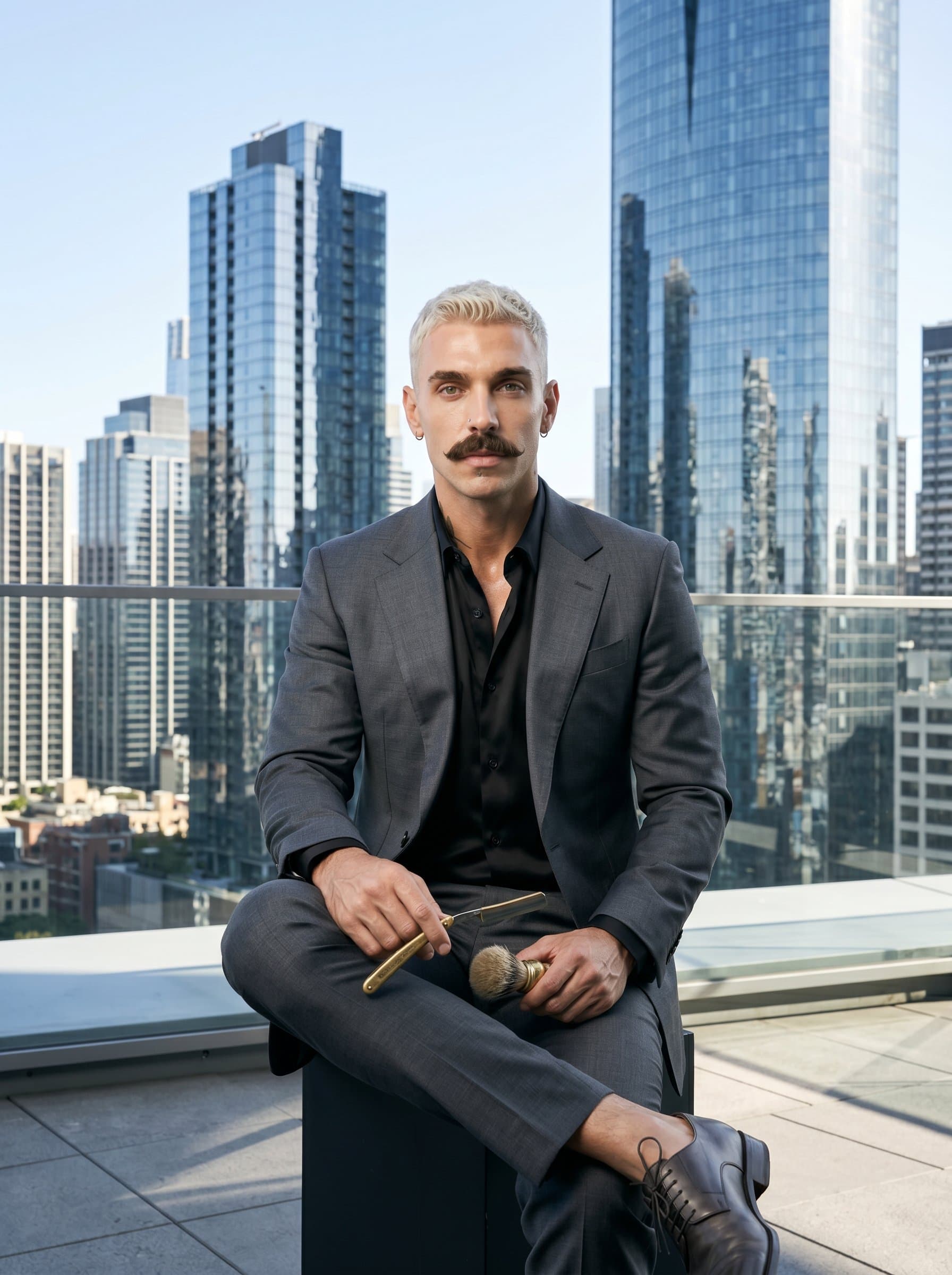 Modern barber portrait with a trendy quiff, in a crisp, tailored blazer, set against a glassy, urban skyline, emphasizing sleek fashion and cutting-edge style.