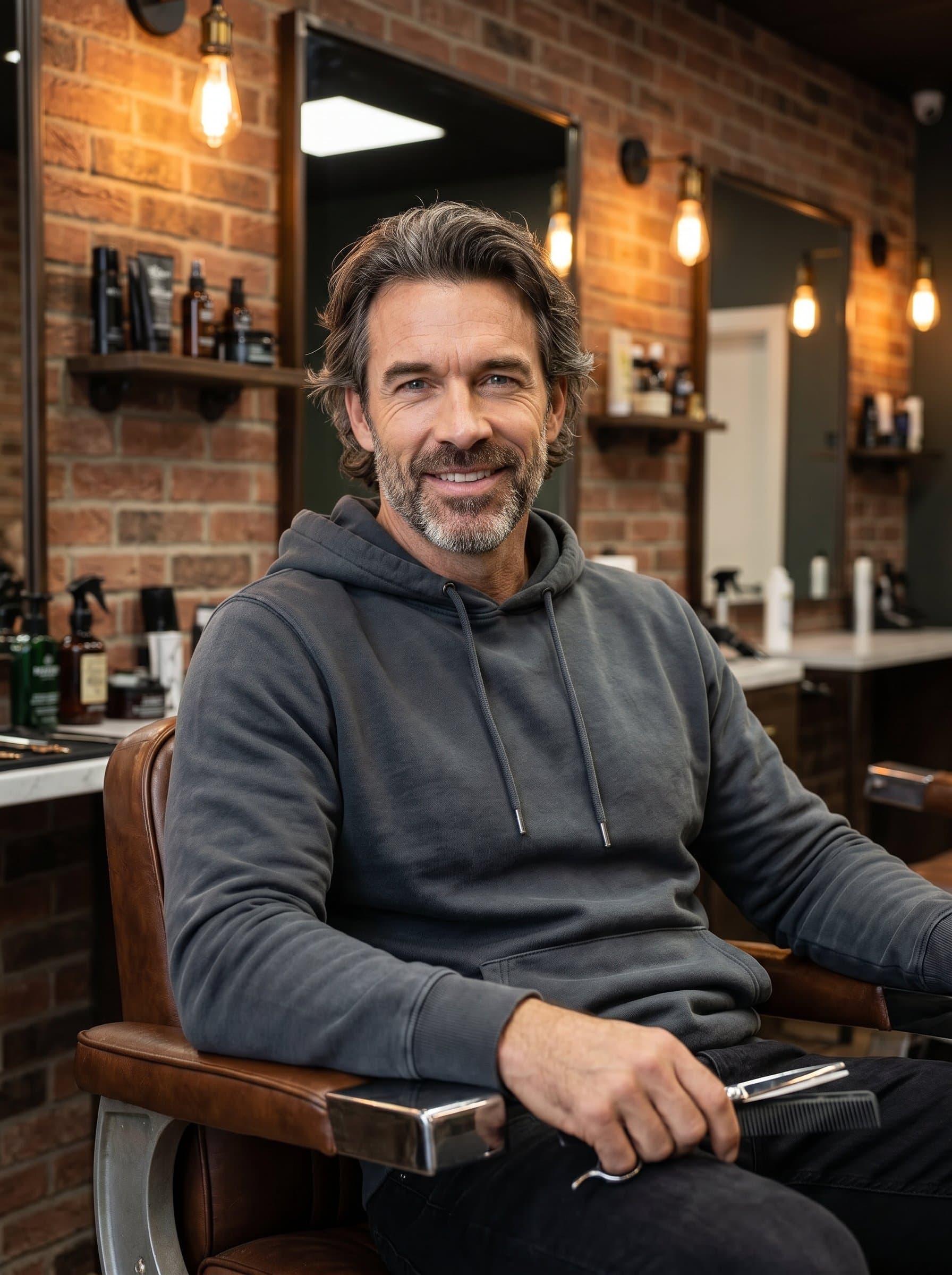 Casual barber portrait with free-flowing hair, in a laid-back hoodie, shot in a cozy corner of a modern barbershop, offering a relaxed and inviting feel.