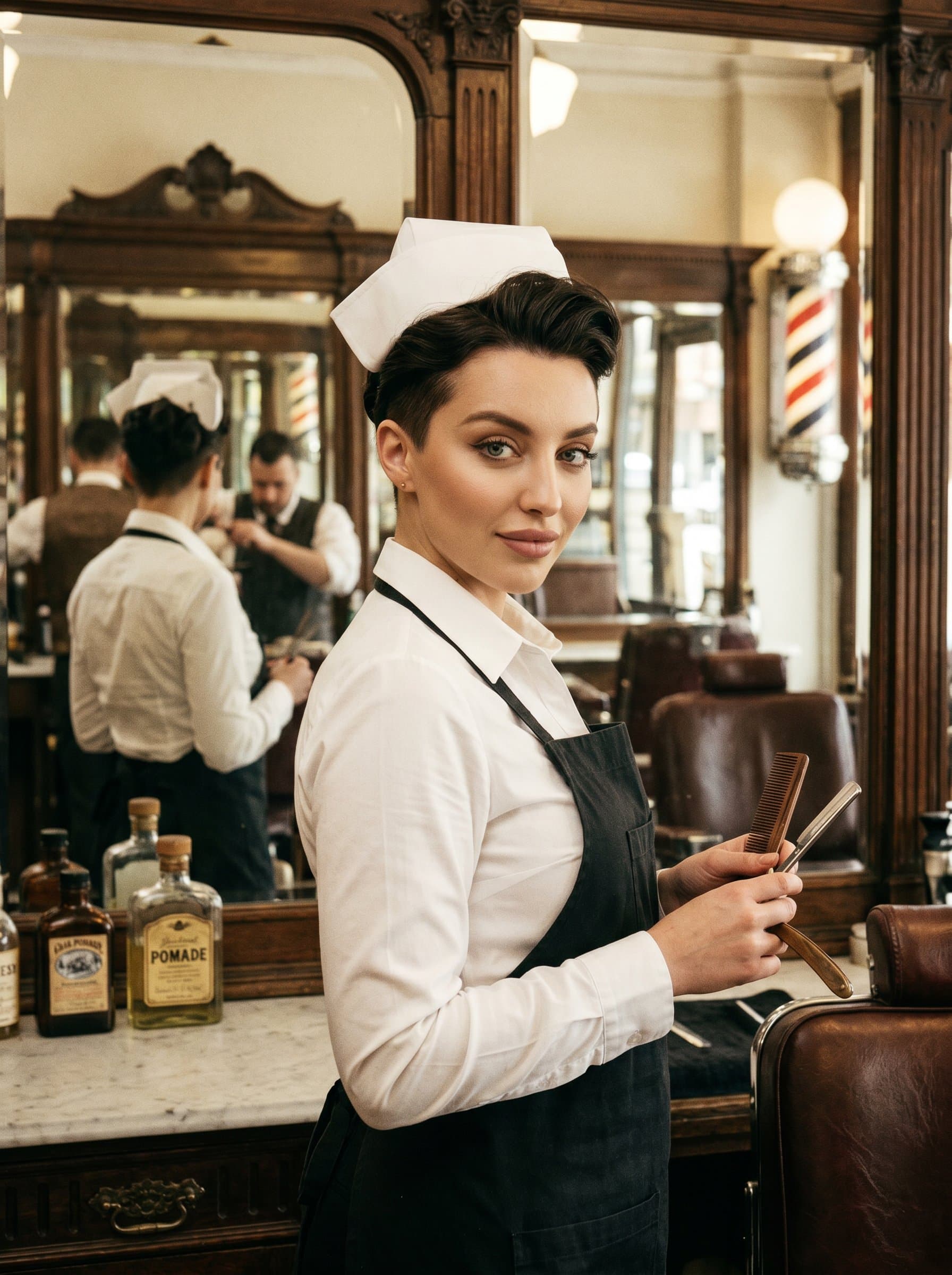 Classic barber portrait with a neat, short back and sides hairstyle, wearing a crisp white shirt, captured in a vintage, mirror-lined barbershop, reflecting tradition and timeless grooming skills.