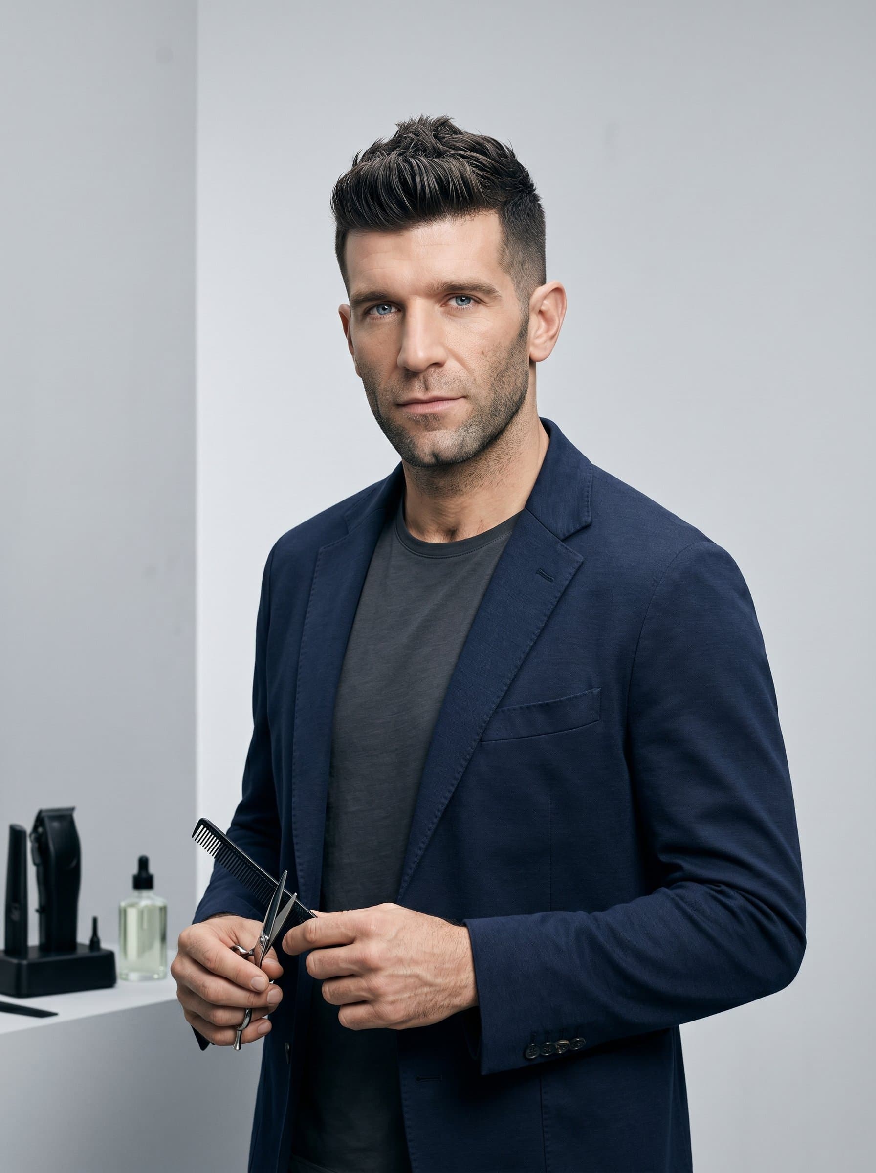 Modern barber image with a stylish faux hawk, in a trendy casual blazer, against a minimalist, light grey background, highlighting contemporary grooming and fashion-forward thinking.