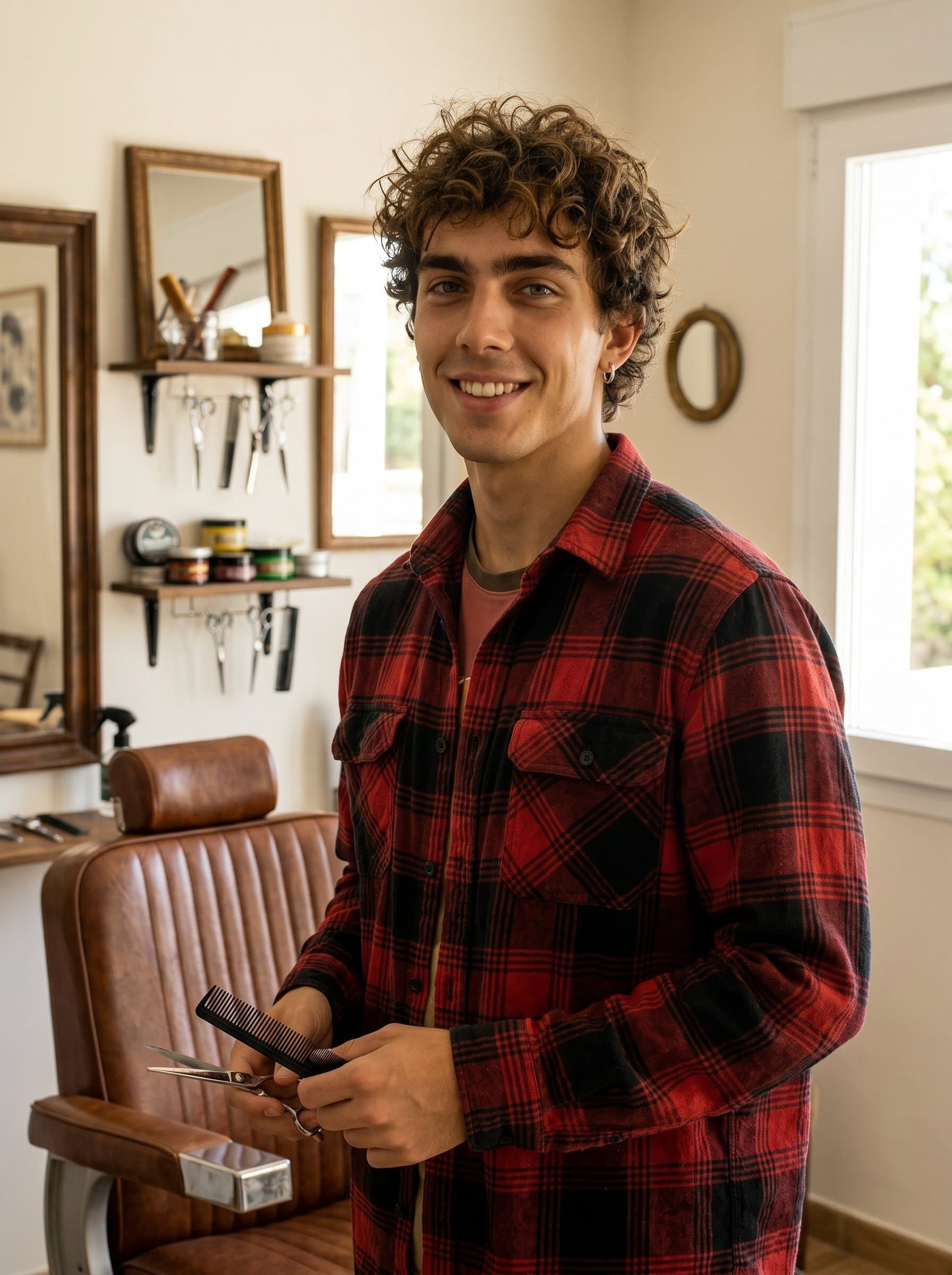 Casual barber portrait with tousled hair, clad in a relaxed flannel shirt, set in a cozy home studio, projecting a friendly and approachable demeanor.