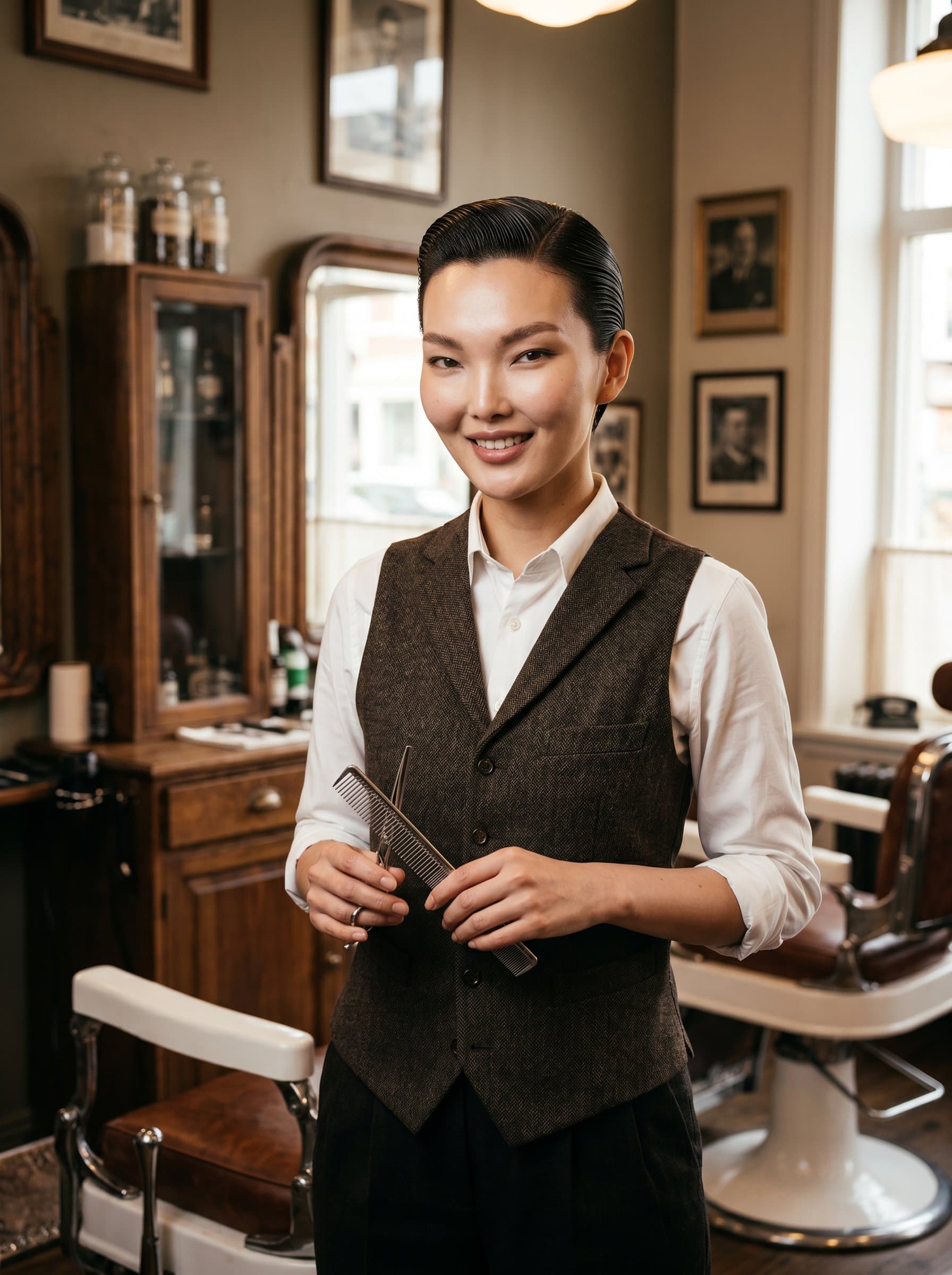 Classic barber with a tidy slick-back, dressed in a traditional waistcoat, photographed in a historic barbershop setting, emphasizing heritage and skilled craftsmanship.