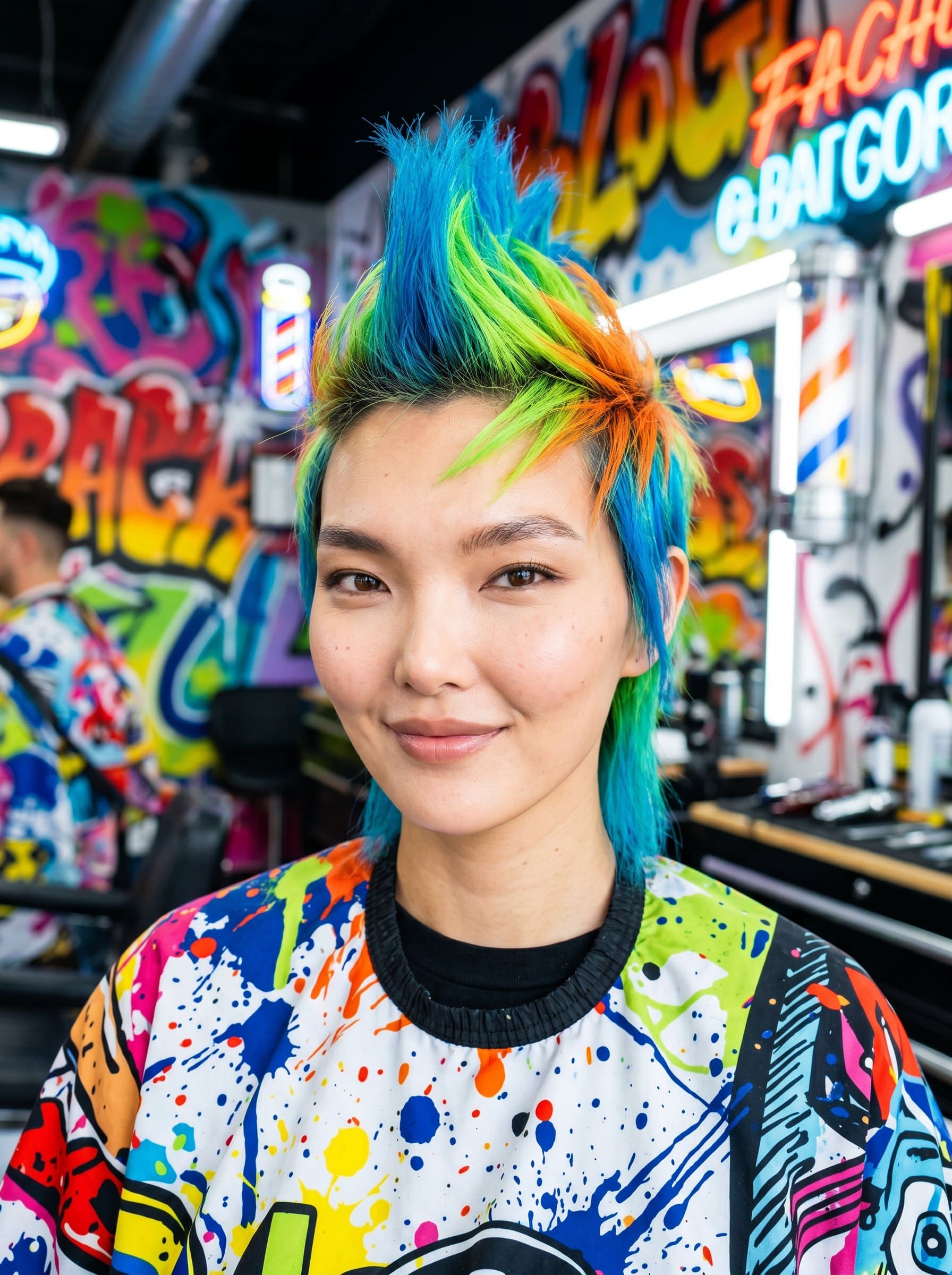 Creative Flair barber headshot with a vibrant mohawk, in a bright, artistic smock, shot in a colorful studio with creative graffiti art, showcasing individuality and artistic spirit.