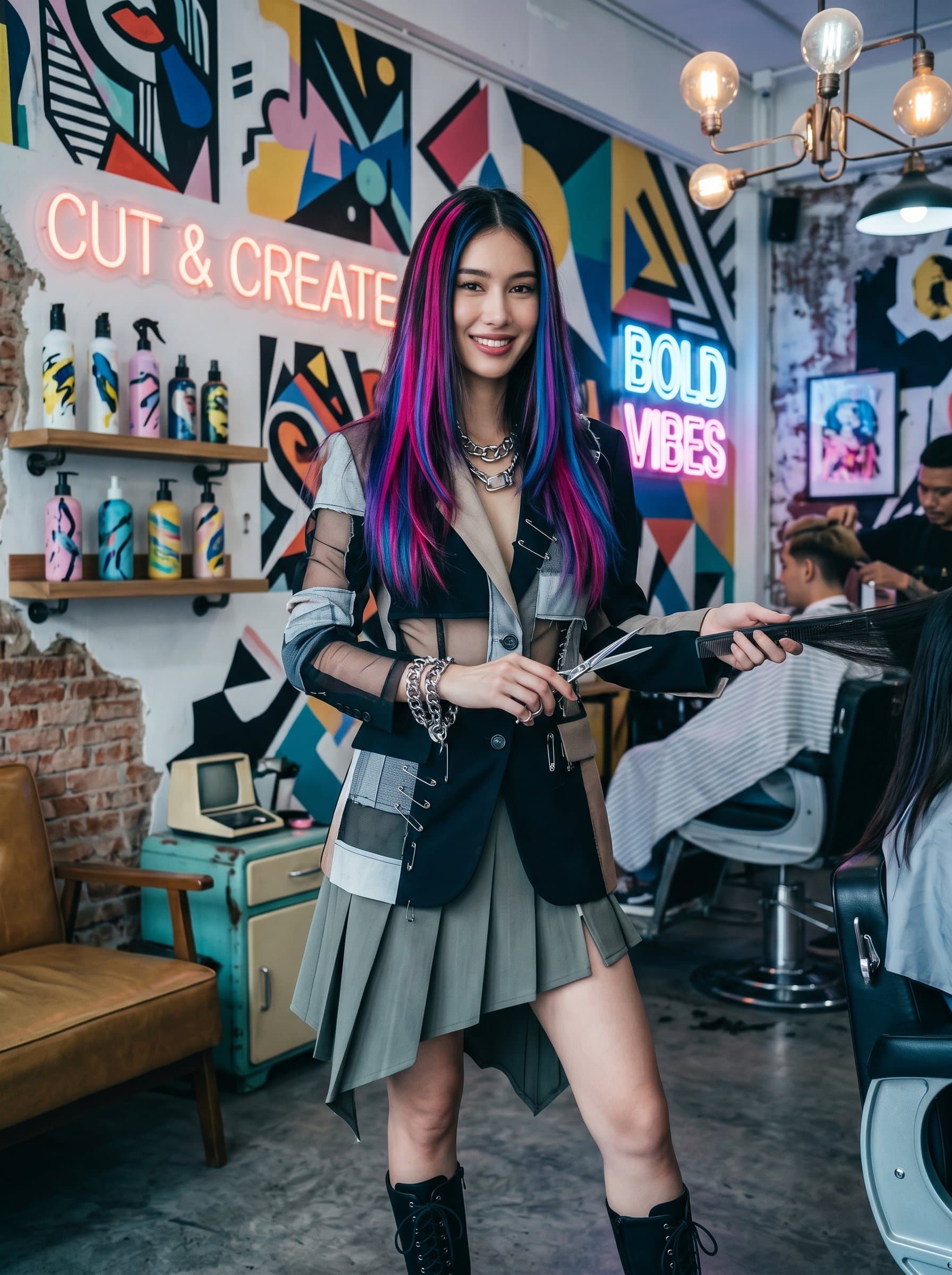 Creative Flair barber image with striking colored highlights, in an avant-garde outfit, set in a funky studio with abstract art, emphasizing bold creativity and woman style.
