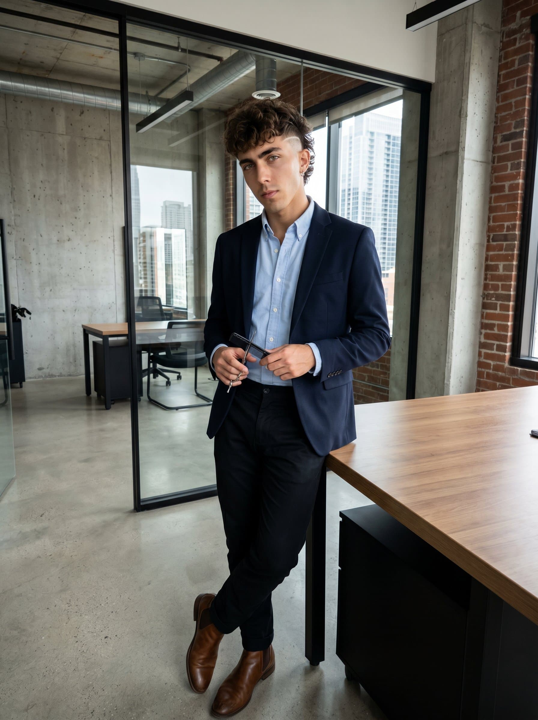 Modern barber image with a textured undercut, dressed in casual smart wear, against a sleek urban office backdrop, embodying a blend of modern professionalism and style.