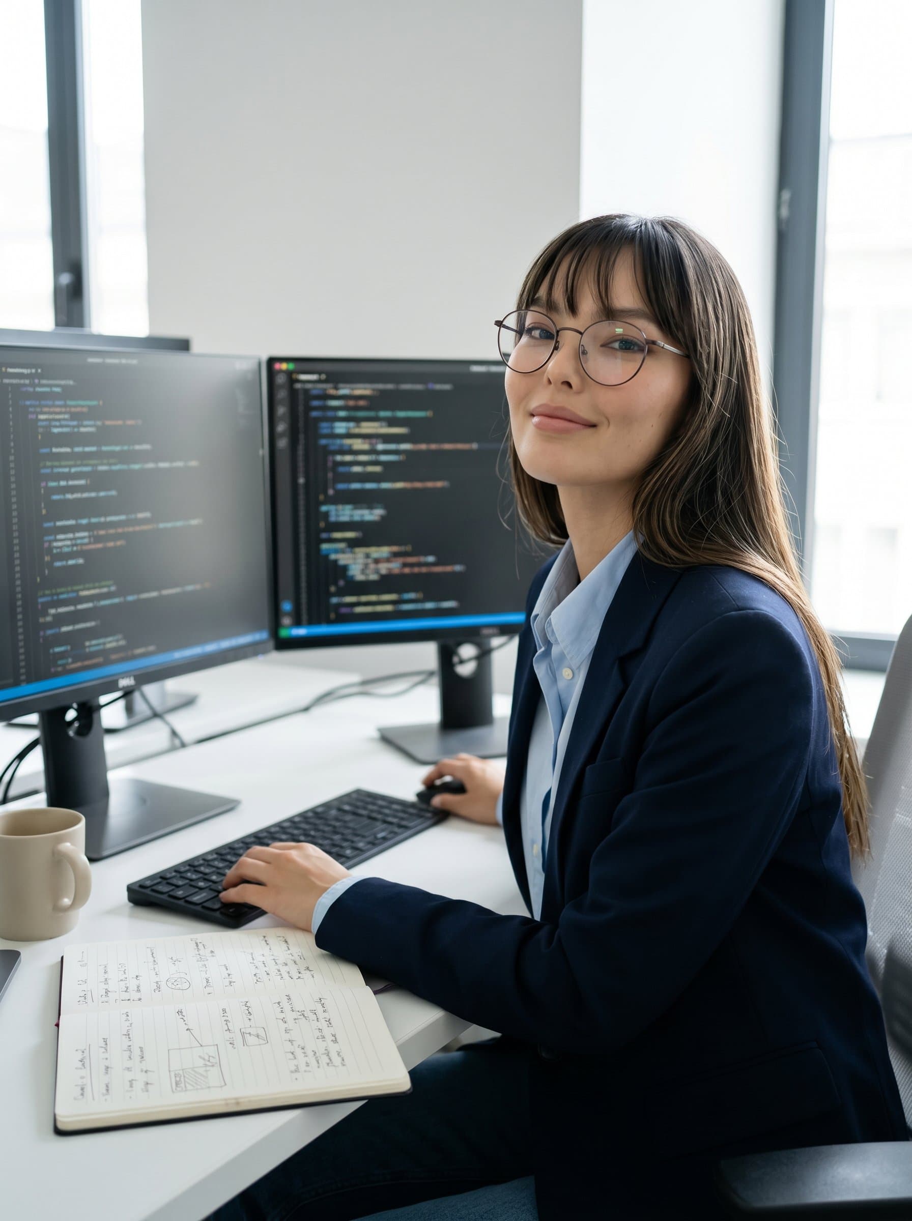 in a sleek office setting, with dual monitors displaying code in the background. Professional attire, slight smile, and glasses, emphasizing the intellect and creativity of a web developer.