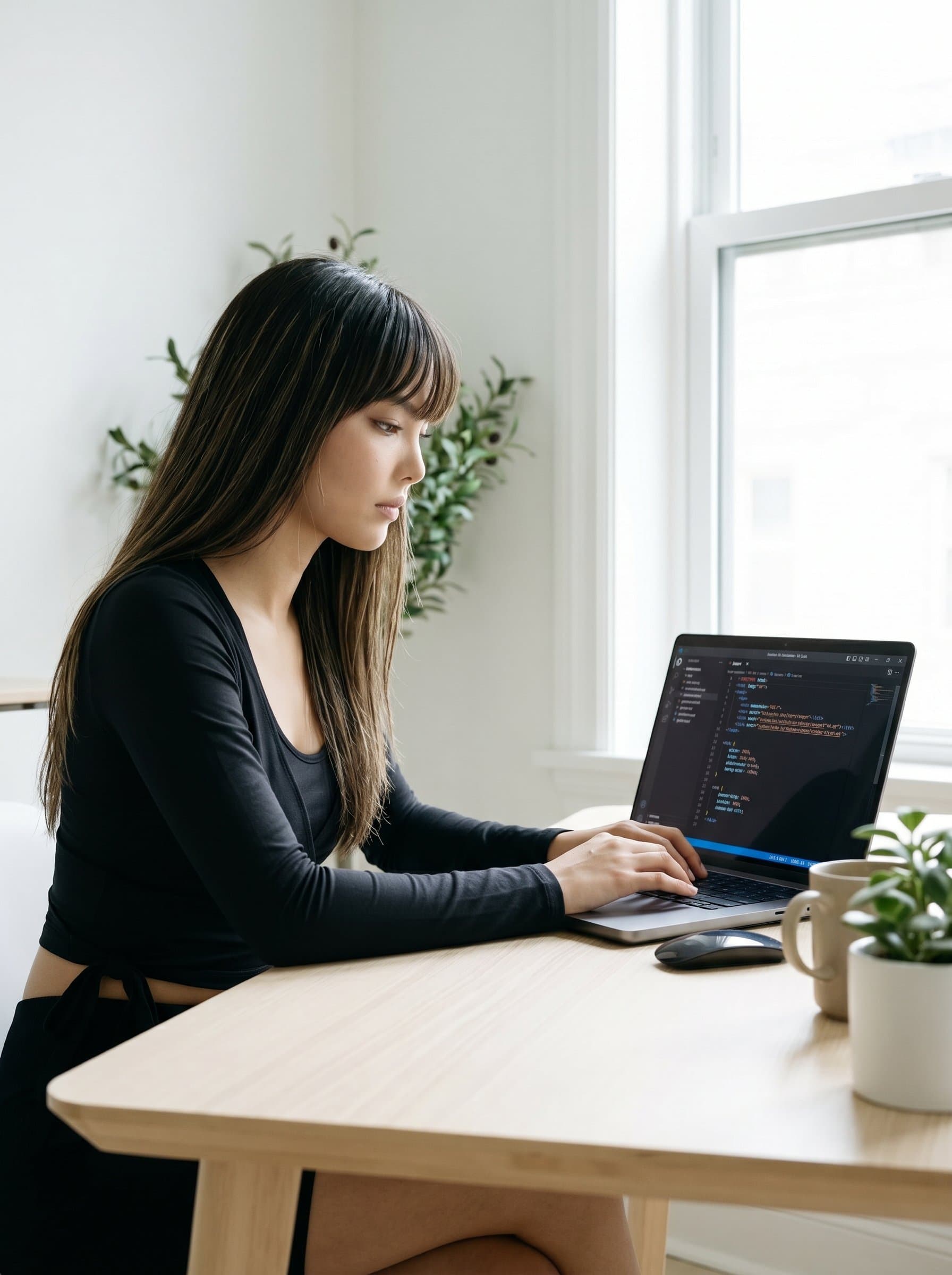 sitting at a minimalist desk, with a laptop open and code editor visible. Natural lighting highlights the focus and dedication required in web development.
