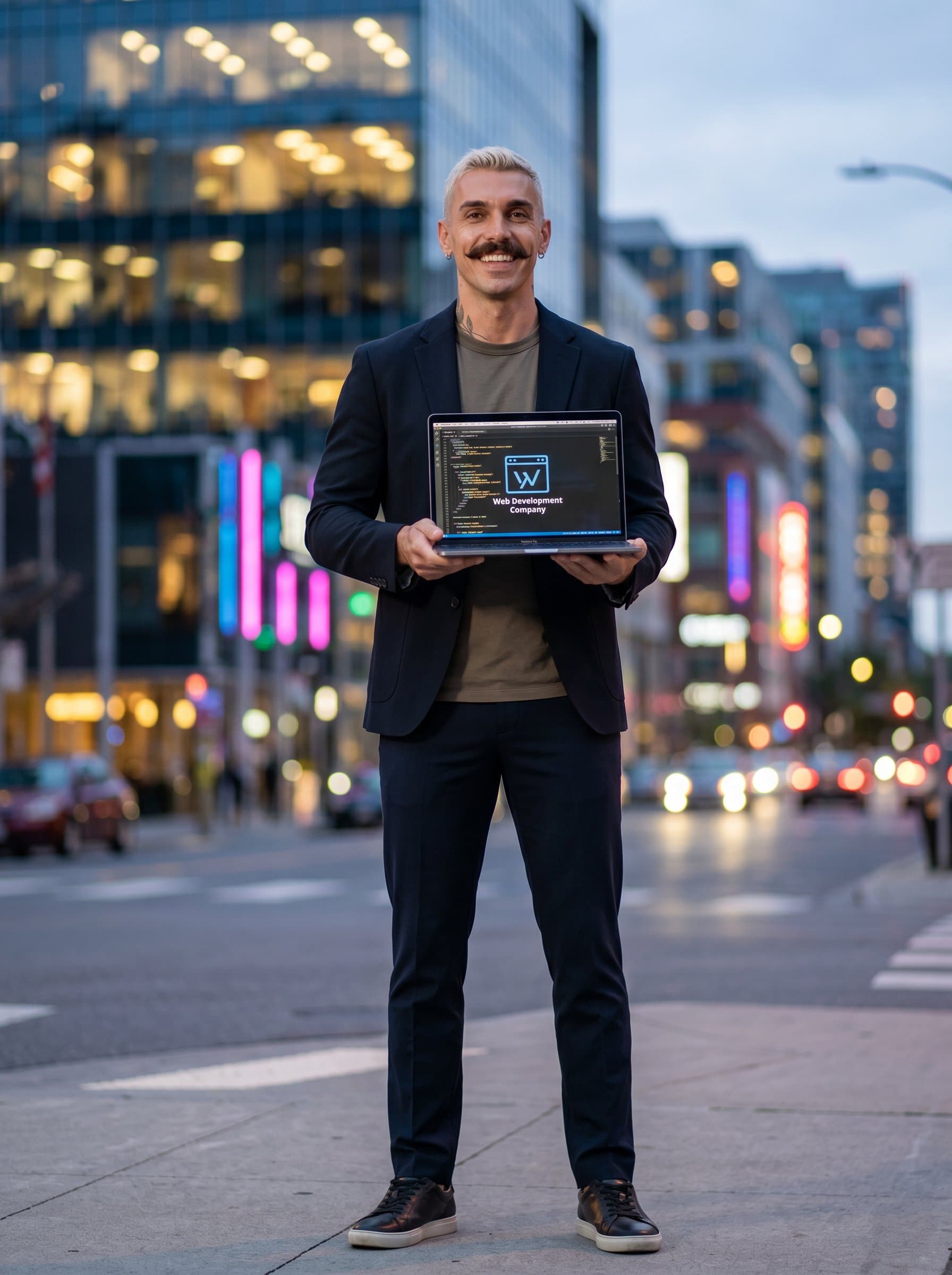 against a blurred cityscape backdrop, wearing a smart-casual outfit, exuding confidence and innovation, suggesting the modern lifestyle of a web developer.