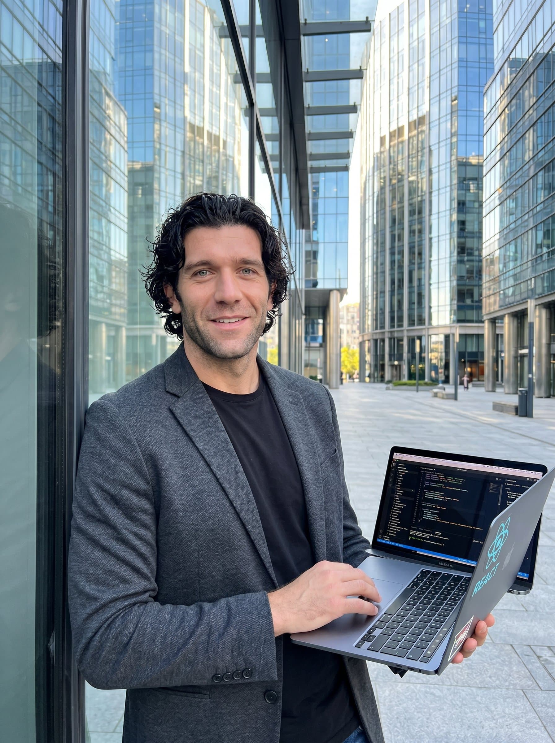 outdoors, leaning against a modern glass building with a relaxed yet confident look, capturing the essence of a web developer who embraces innovation.